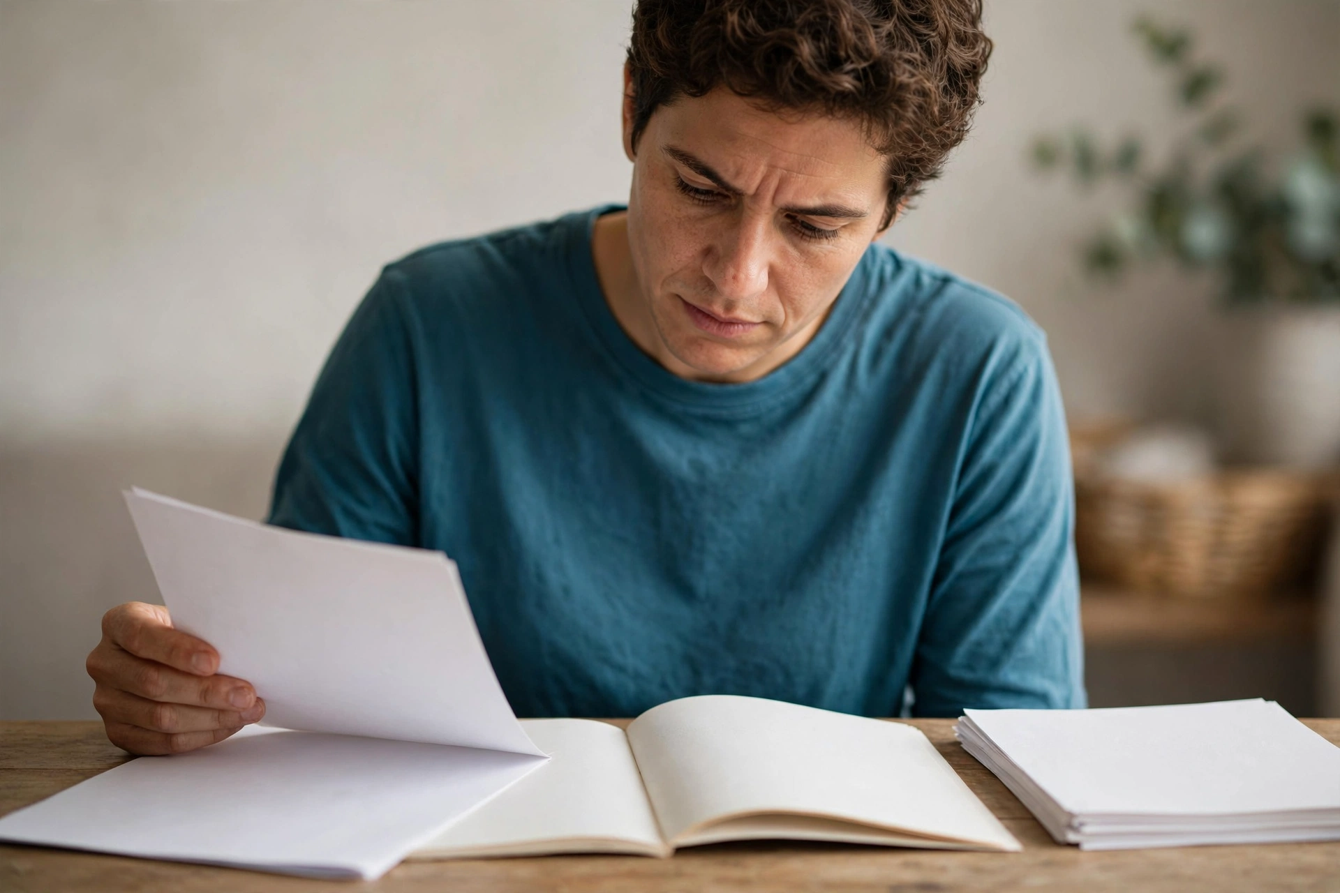 Pessoa lê com atenção um contrato e um regulamento impressos à mesa.