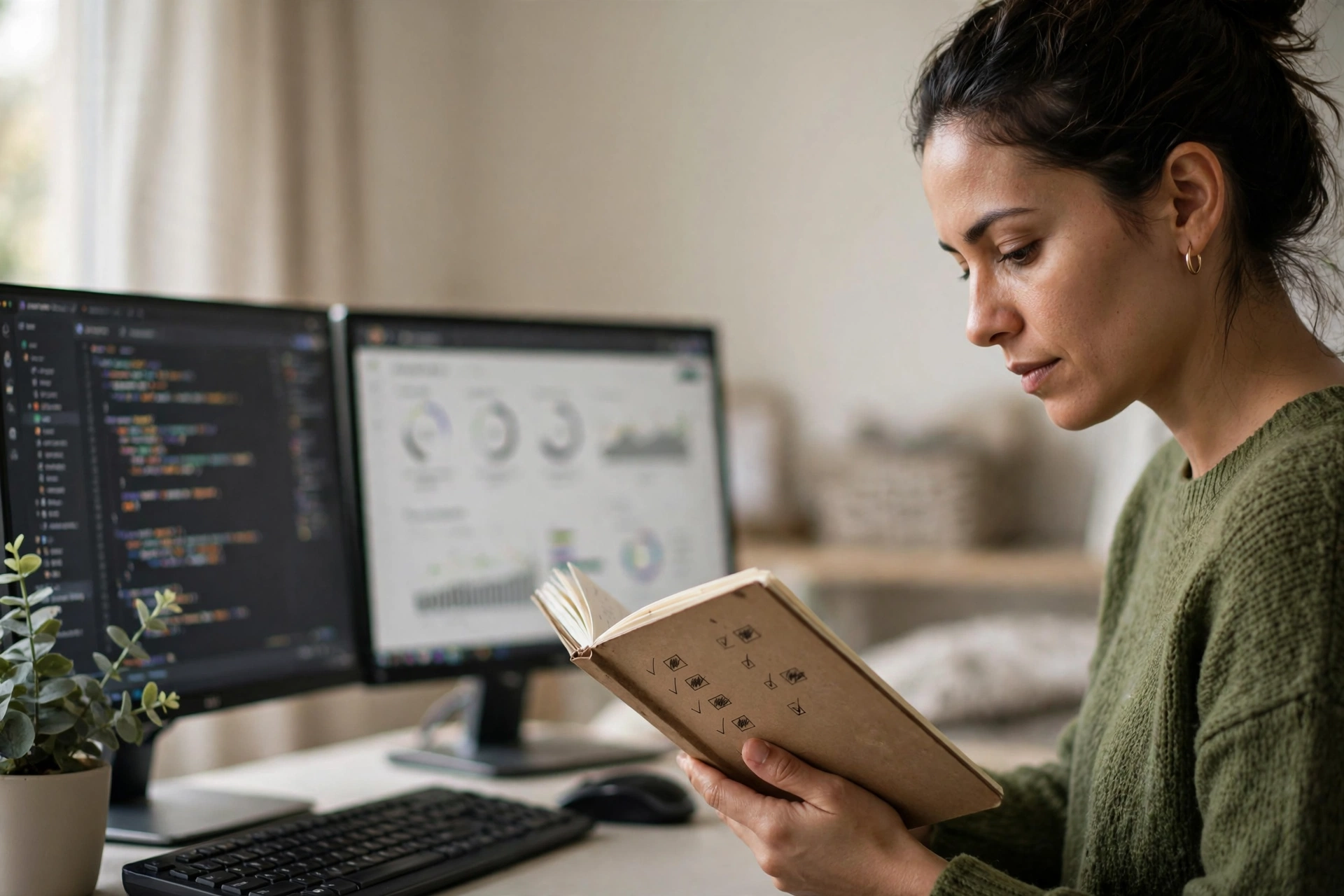 Desenvolvedora verifica testes de software no computador com anotações de casos de teste ao lado.