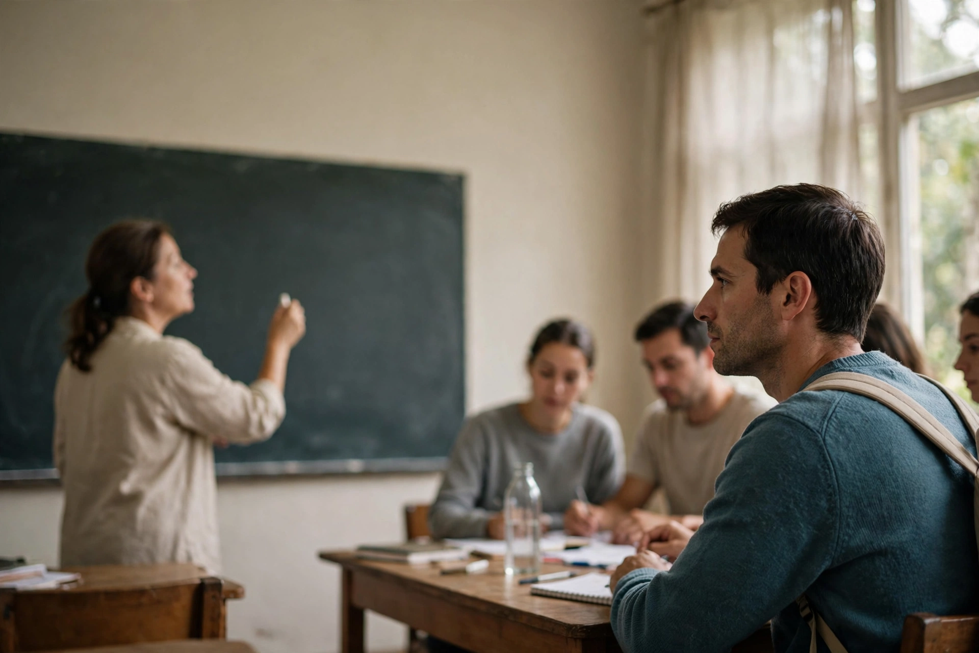 Aluno participa de uma aula de idiomas com colegas e professora.