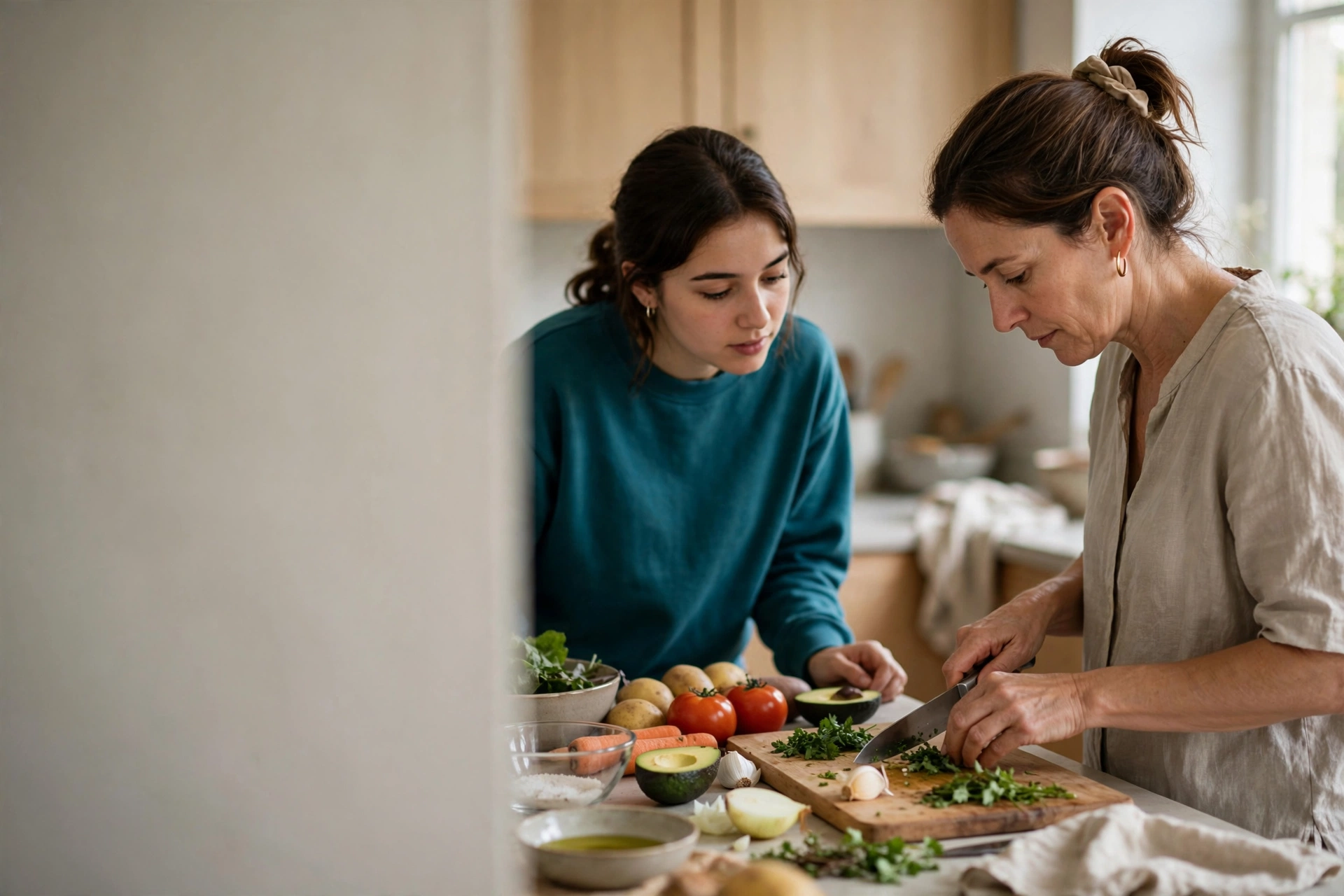 Estudante prepara uma refeição com uma anfitriã na cozinha da acomodação.