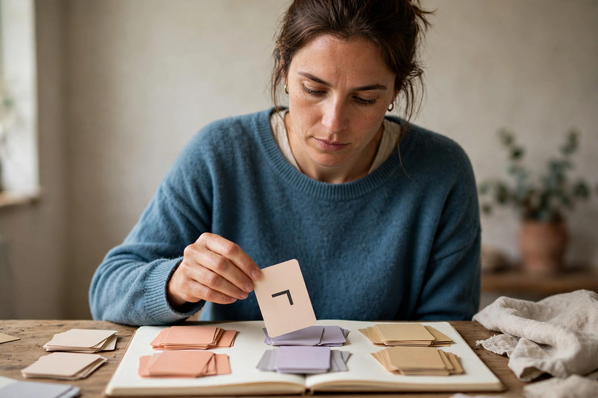 Uma mulher monta sequências de cartões coloridos sobre um caderno para praticar frases negativas.