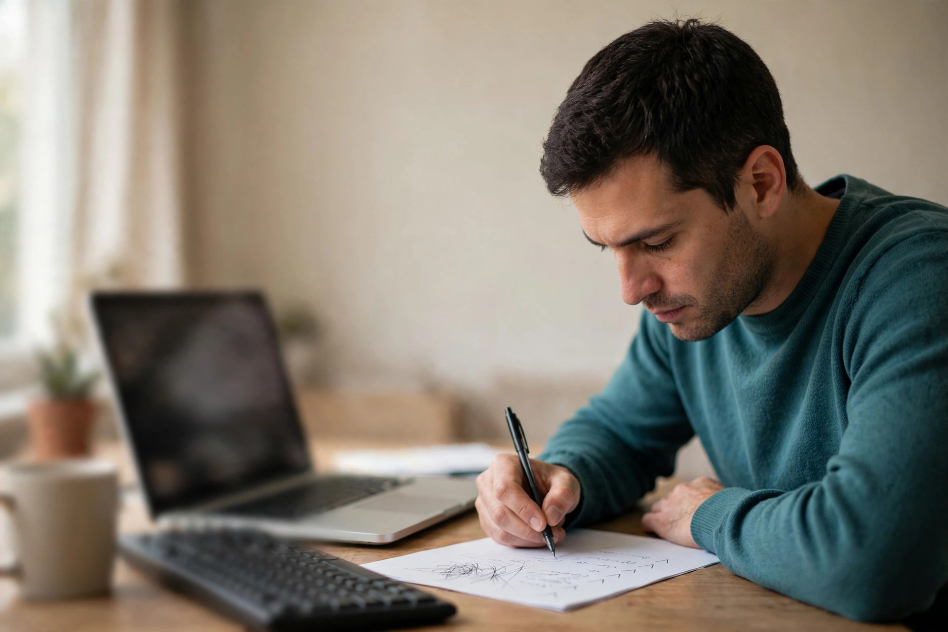 Um profissional revisa anotações e uma planilha de estudo no escritório.
