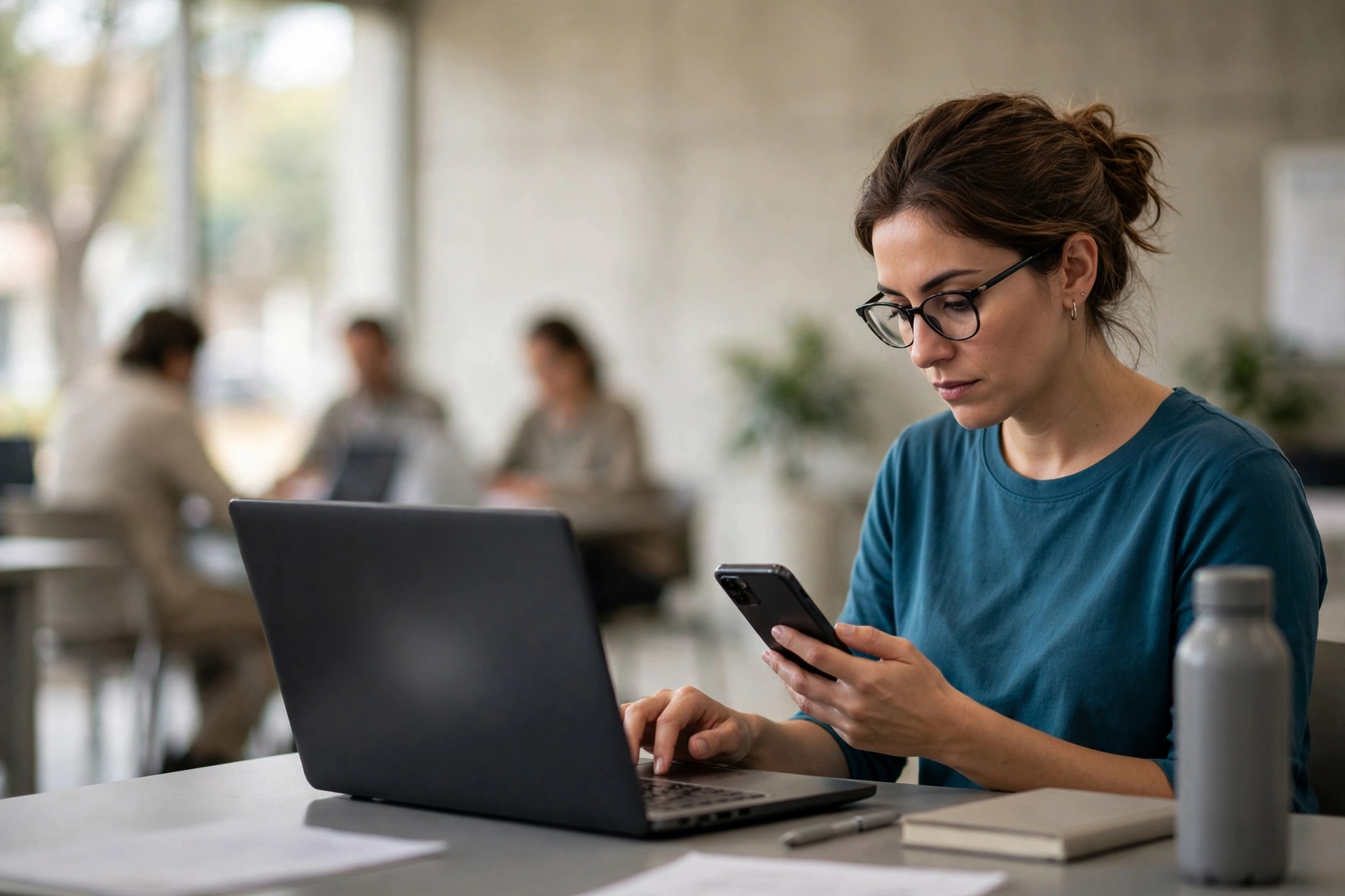 Mulher verifica competências necessárias e pratica uma ferramenta em computador público.