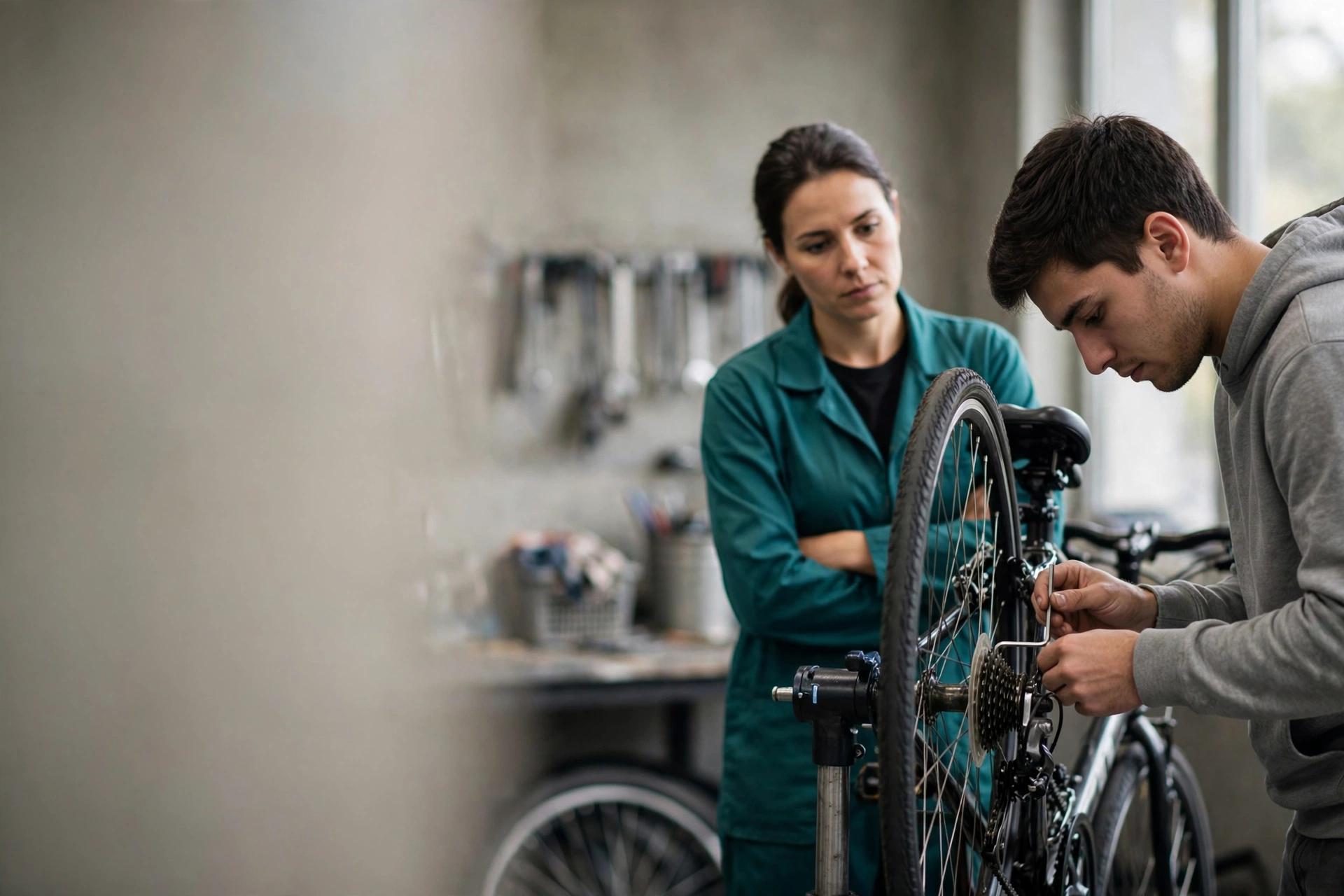 Aluno realiza ajuste de freios em bicicleta durante uma avaliação prática acompanhada por instrutora.