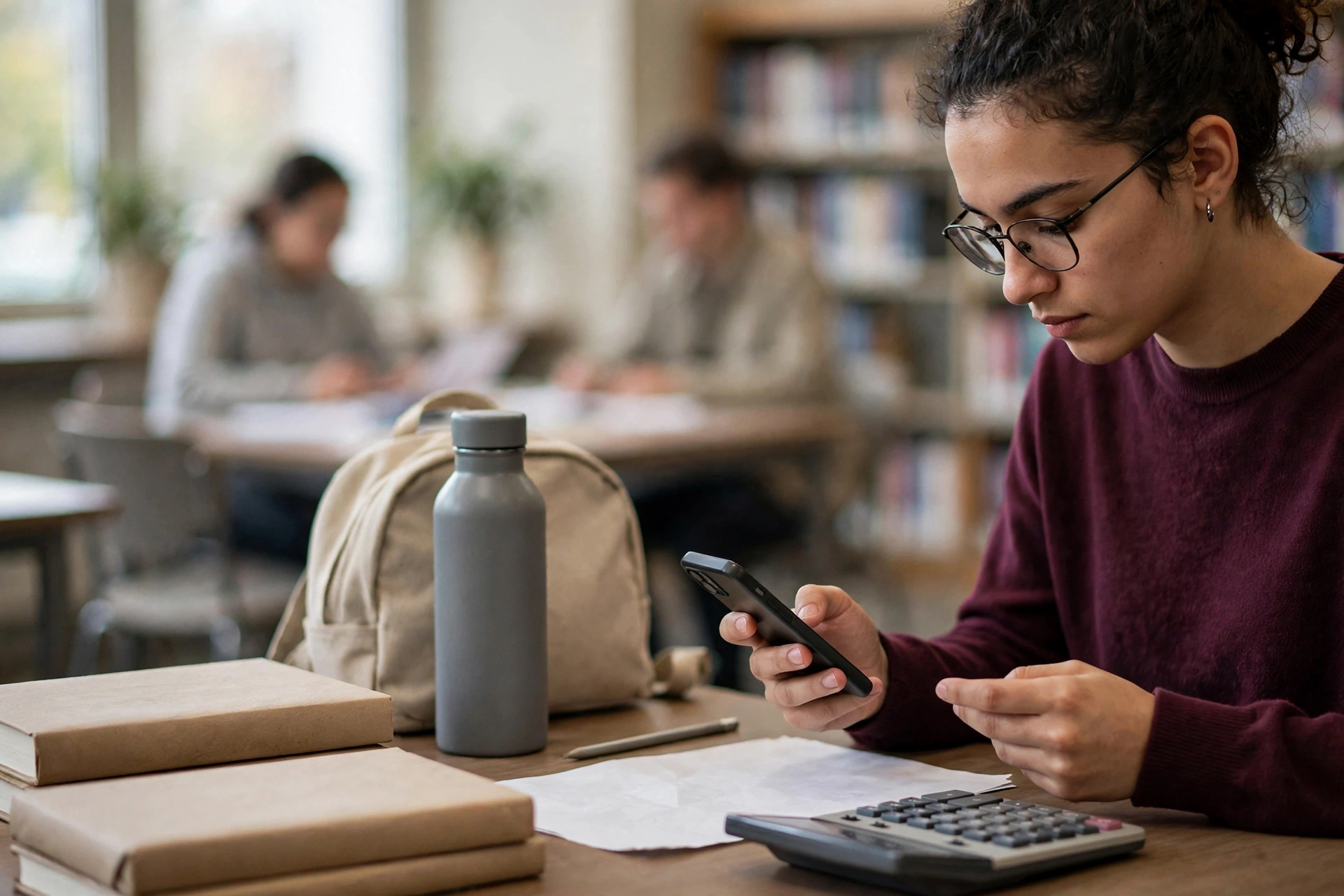 Estudante calcula o custo de uma transferência internacional ao lado de uma fatura escolar.