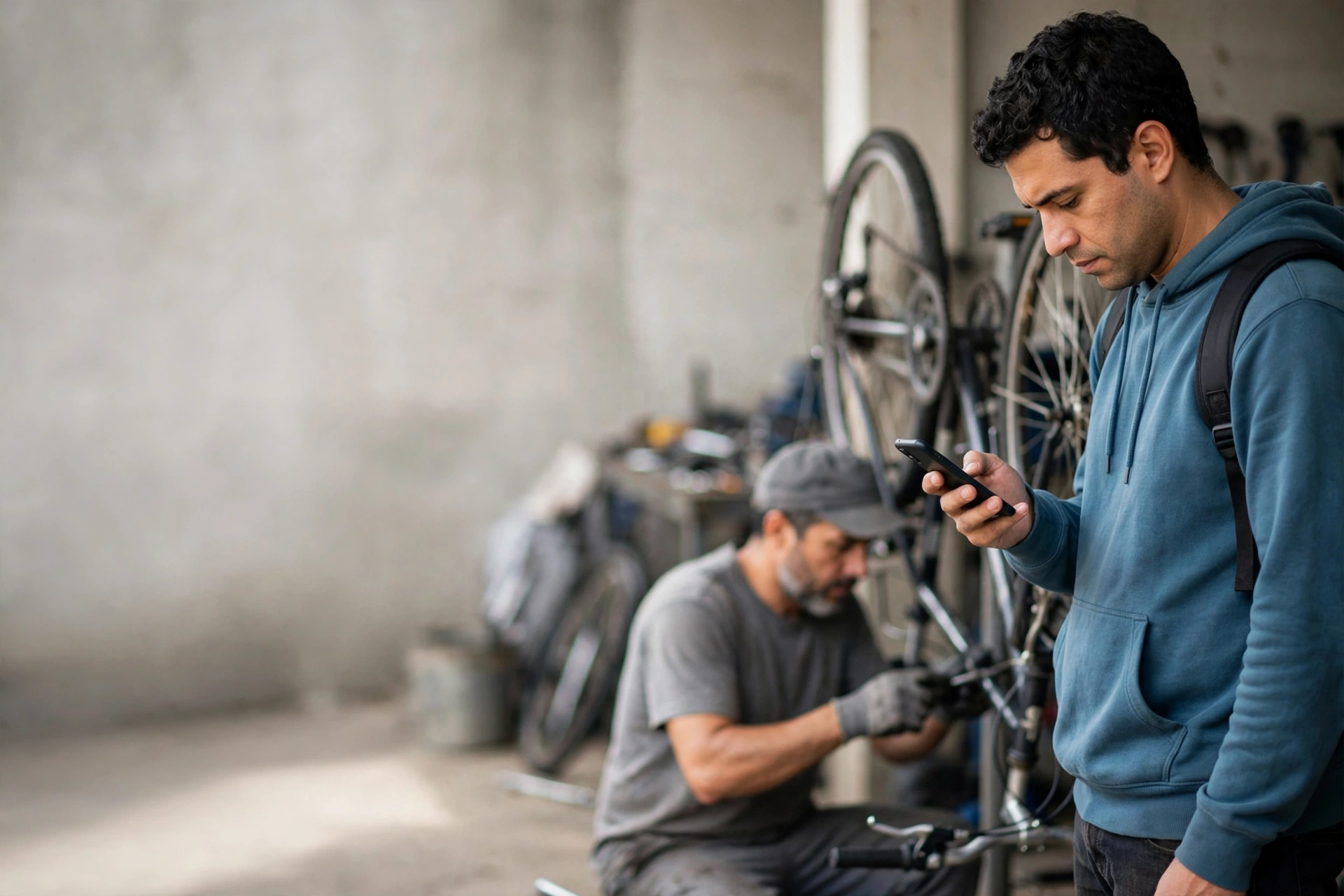 Cliente observa o conserto de uma bicicleta e verifica no celular o desconto aplicado ao serviço.