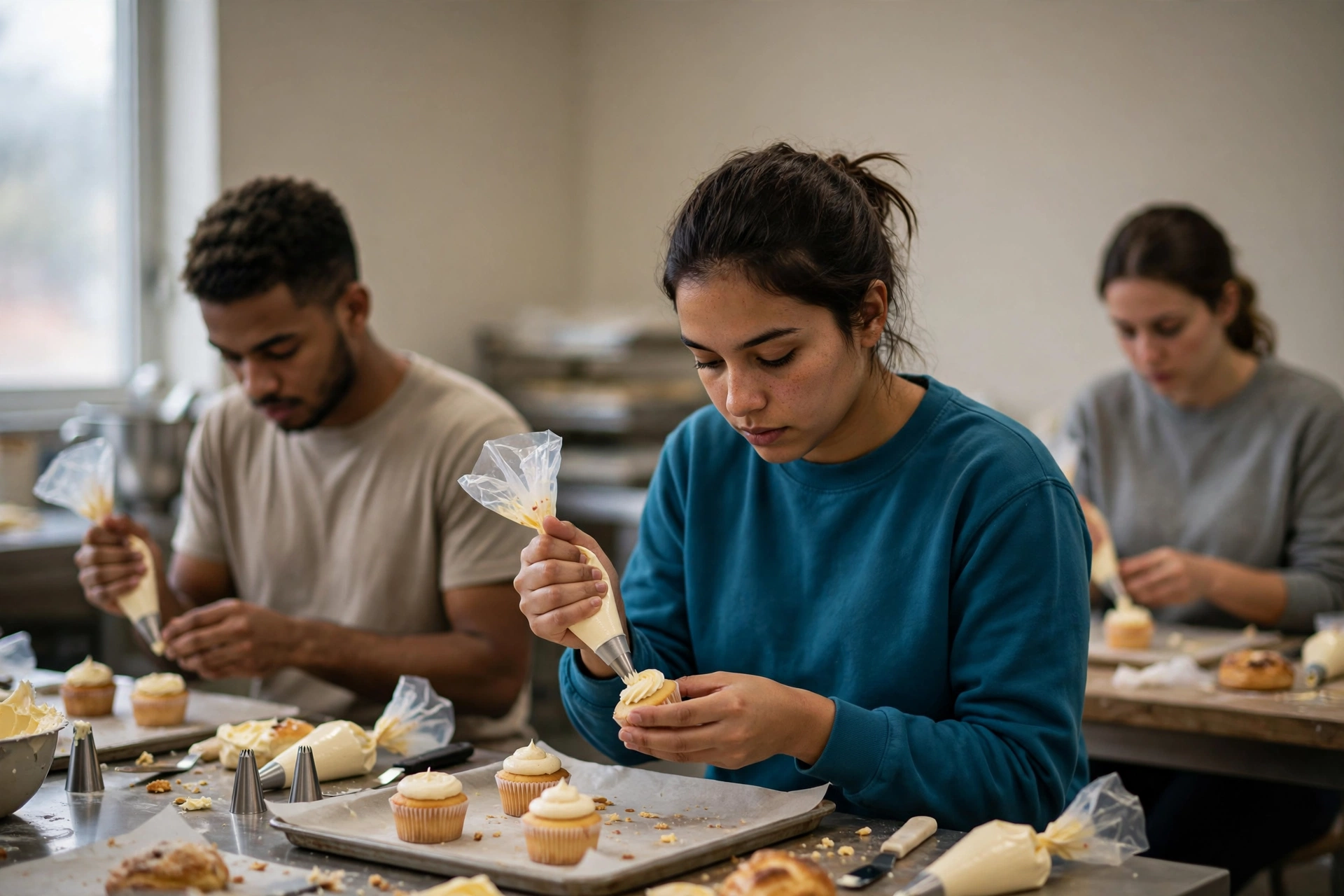 Aluna participa de uma aula prática de confeitaria decorando bolos em uma bancada.