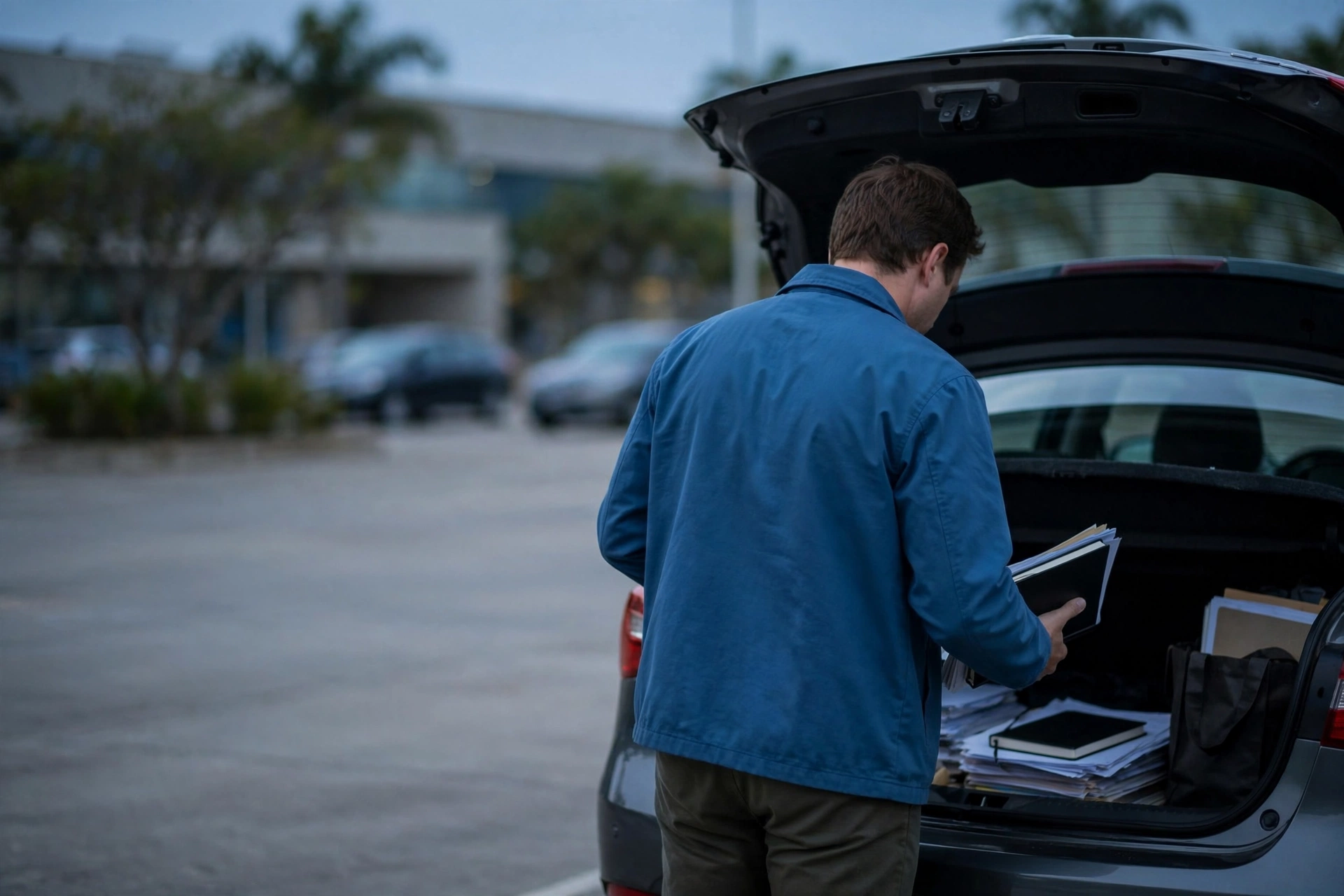 Funcionário guarda notebook e documentos no carro ao fim de um longo dia de trabalho.