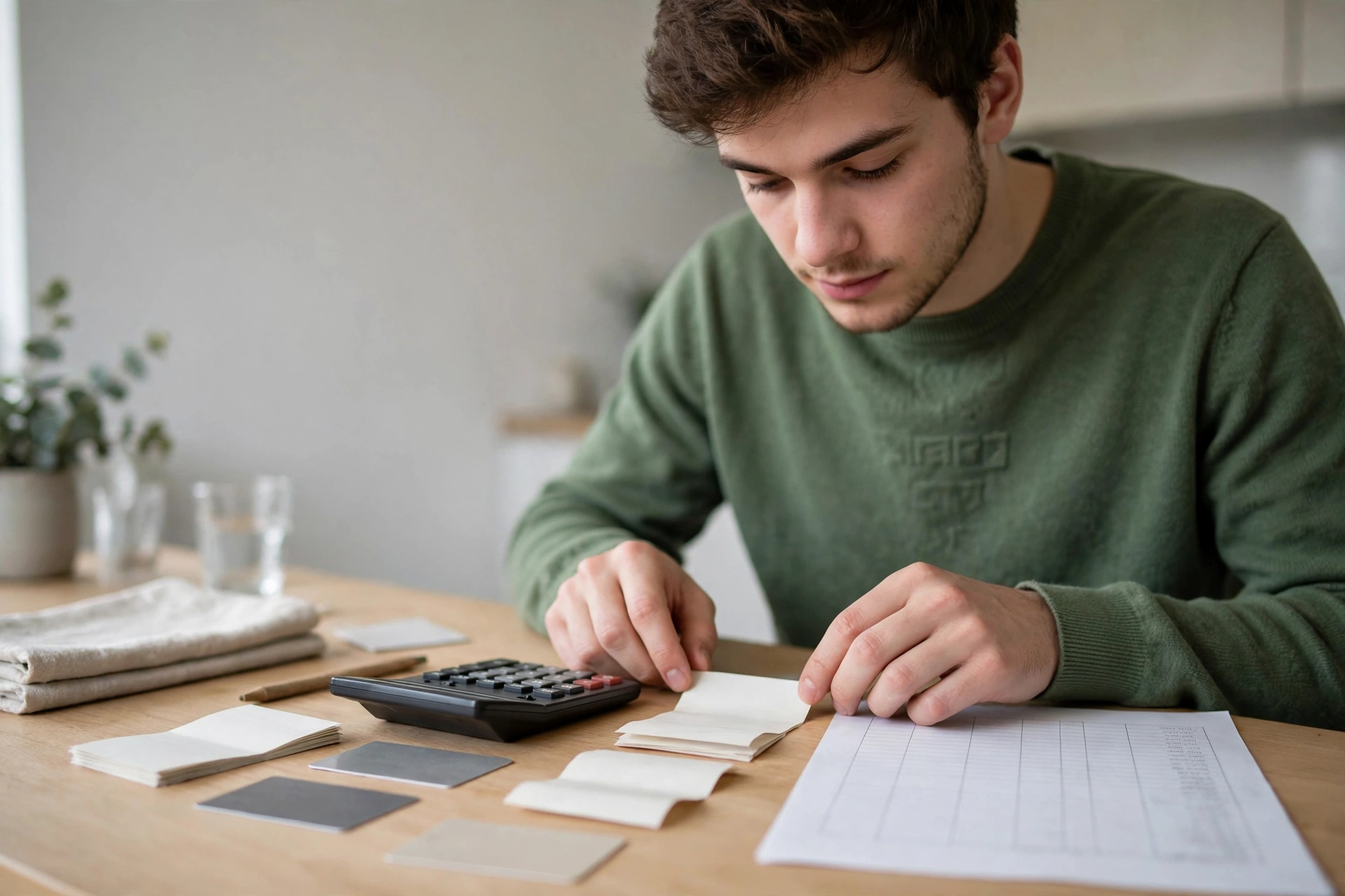 Jovem organiza boletos, cartões e uma calculadora para planejar parcelas mensais.