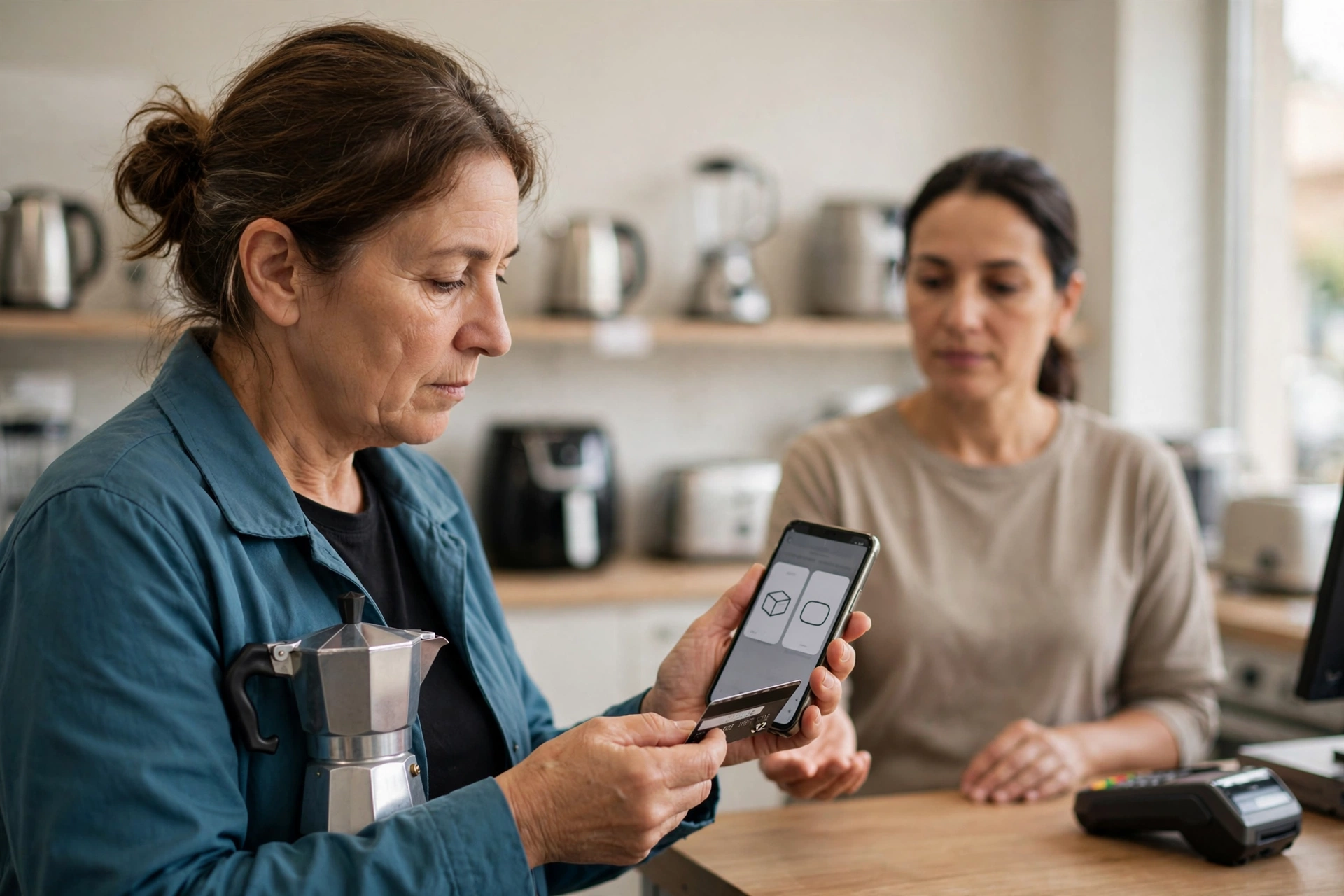 Cliente compara opções de pagamento pelo celular ao comprar uma cafeteira em uma loja.