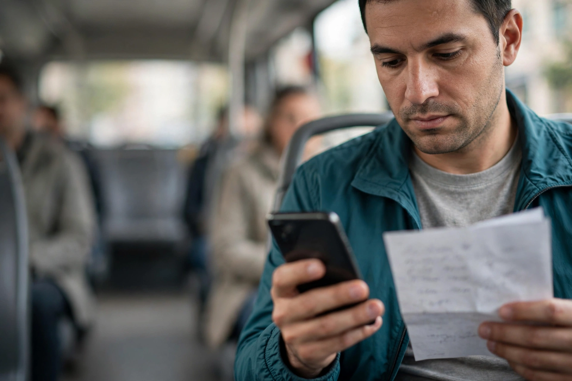 Homem no ônibus confere códigos e nomes de exames entre o celular e um pedido médico.