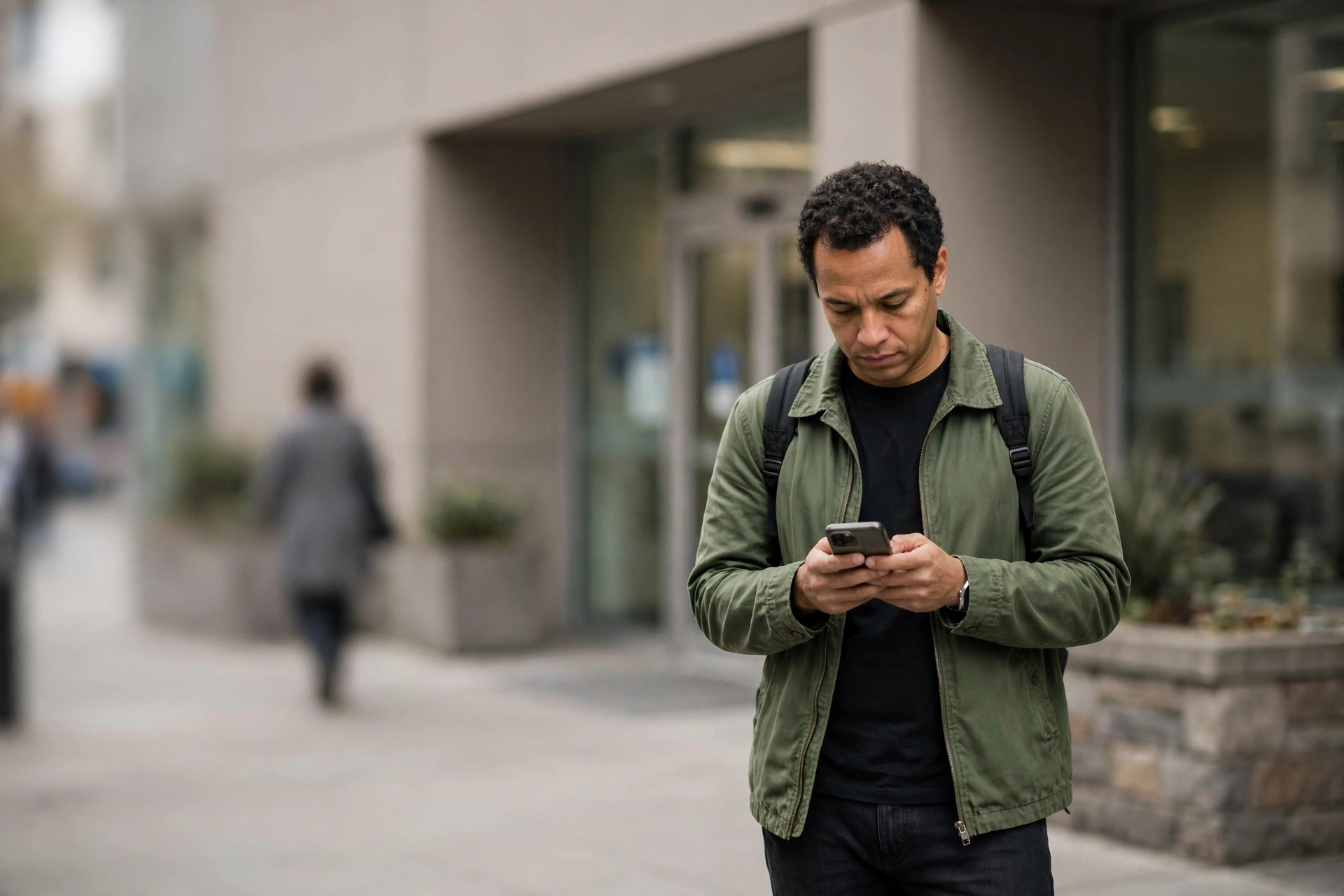 Pessoa verifica no celular a validade de um orçamento de exames diante de um centro de diagnósticos.