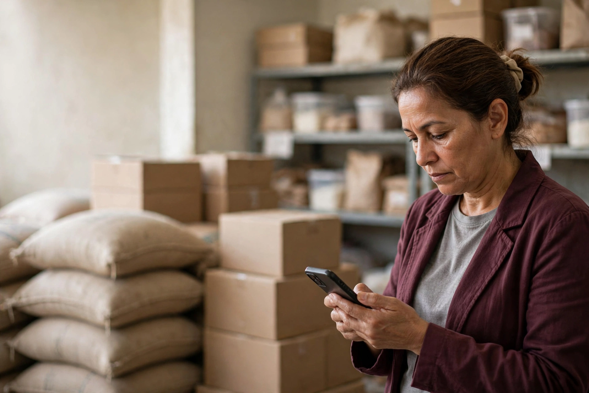 Dona de padaria confere o estoque enquanto avalia sugestões de IA para suas compras.