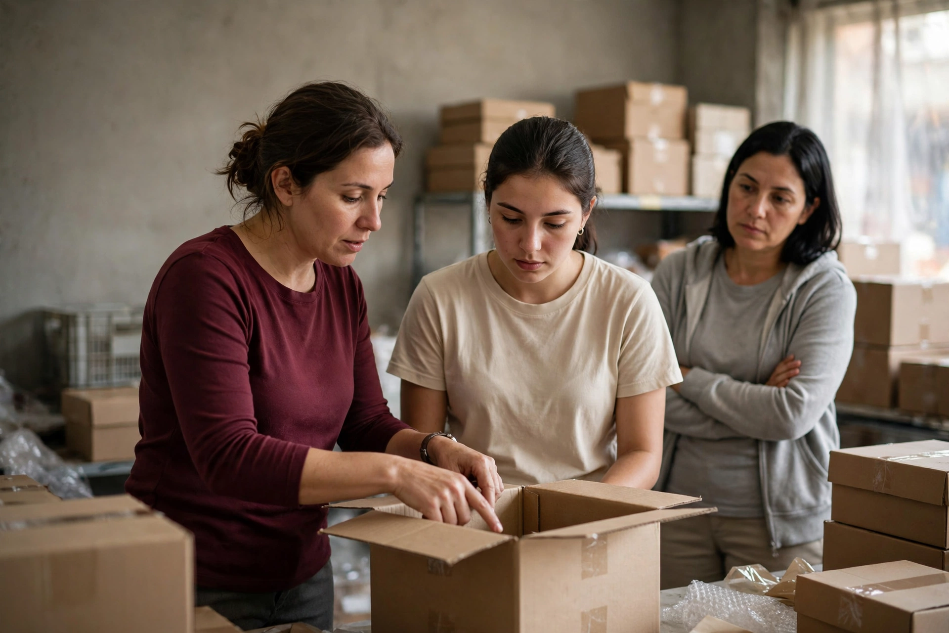 Supervisora orienta uma funcionária a conferir produtos no estoque de uma loja.