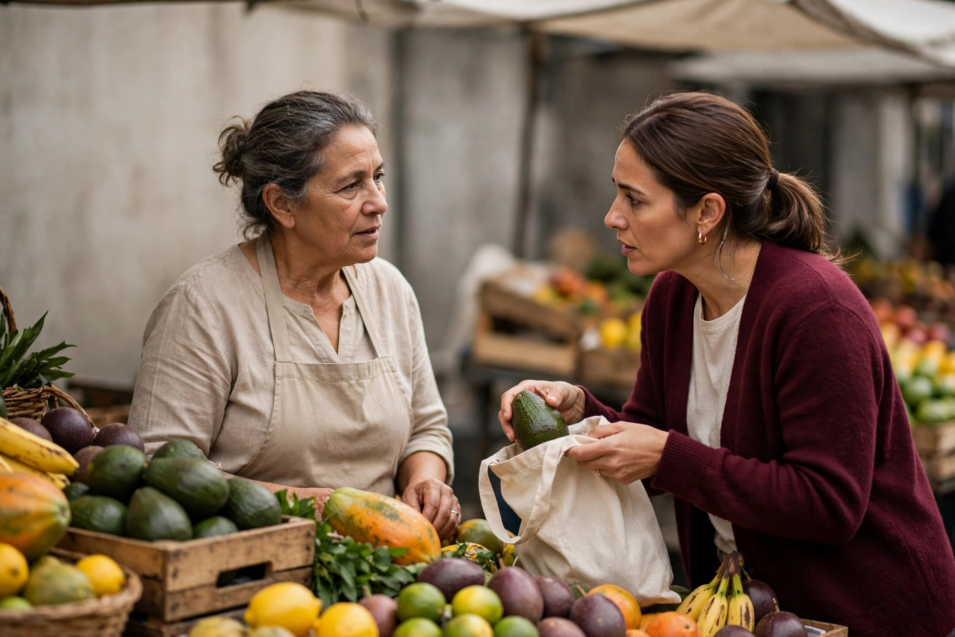 Cliente conversa com feirante e pergunta sobre frutas antes de comprar.