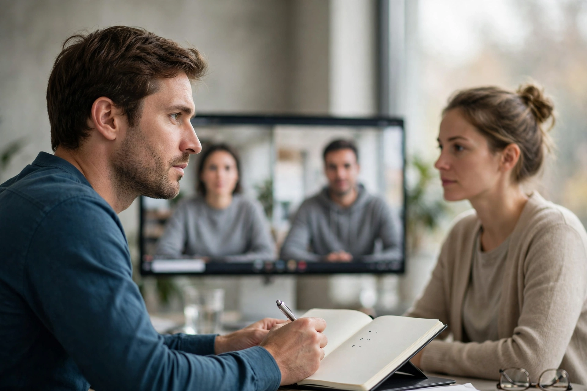 Profissional organiza anotações antes de responder a uma pergunta complexa em videoconferência.