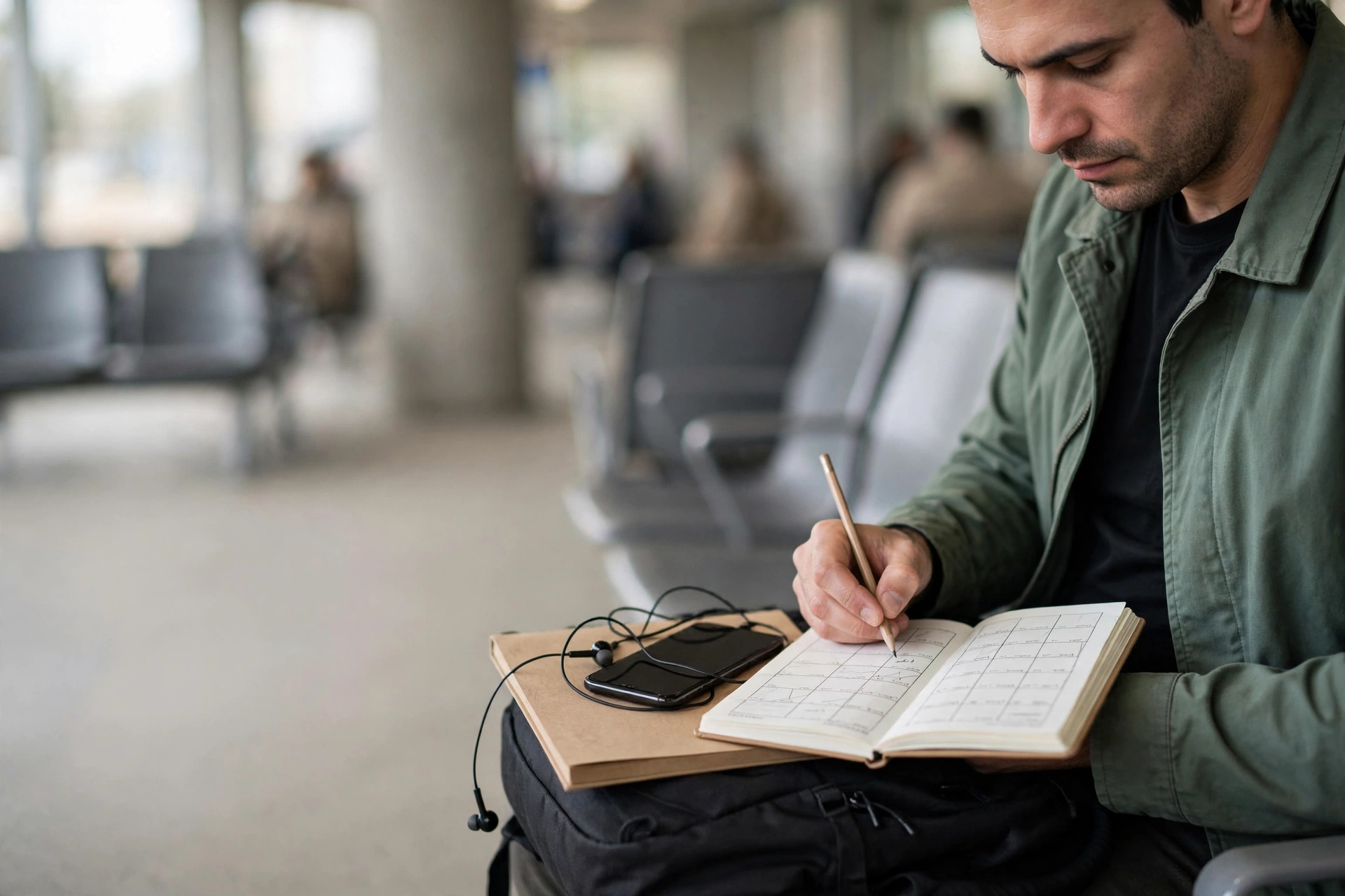 Trabalhador organiza sessões curtas de estudo de inglês em uma agenda enquanto espera na rodoviária.
