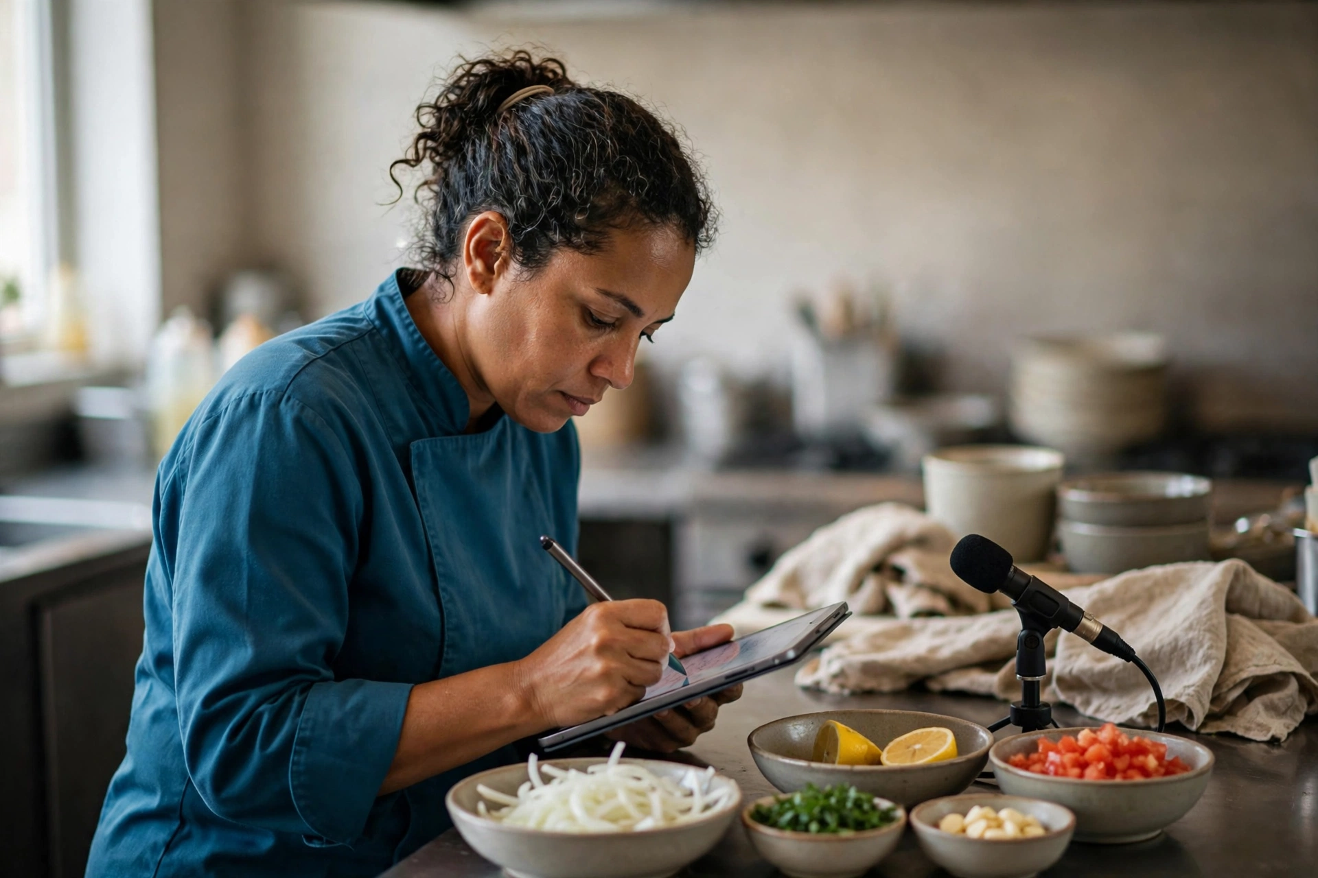 Cozinheira escreve e grava uma resposta em inglês na bancada de um restaurante antes do expediente.