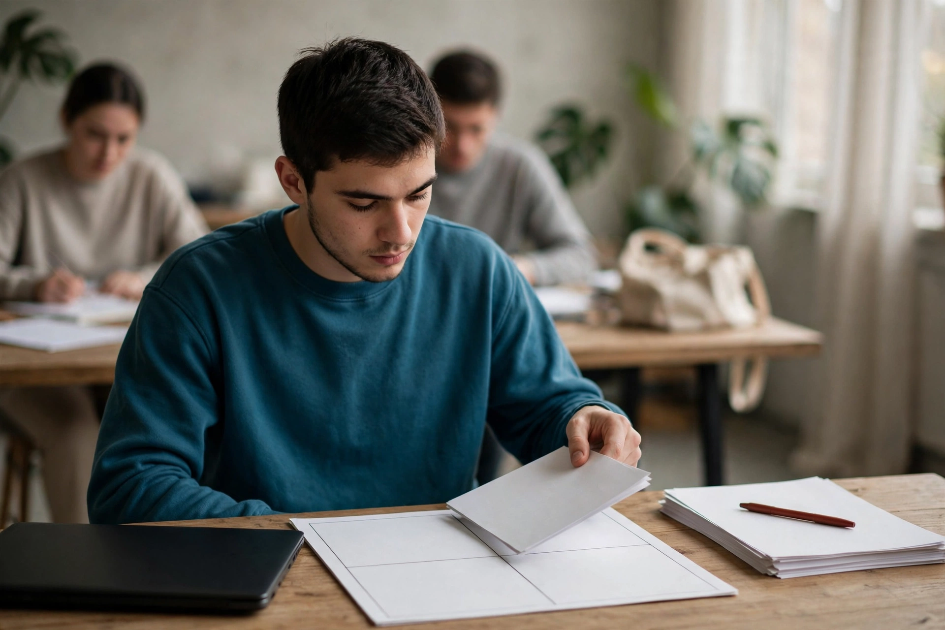 Estudante analisa os erros de um simulado e os separa por tipo em uma folha de anotações.