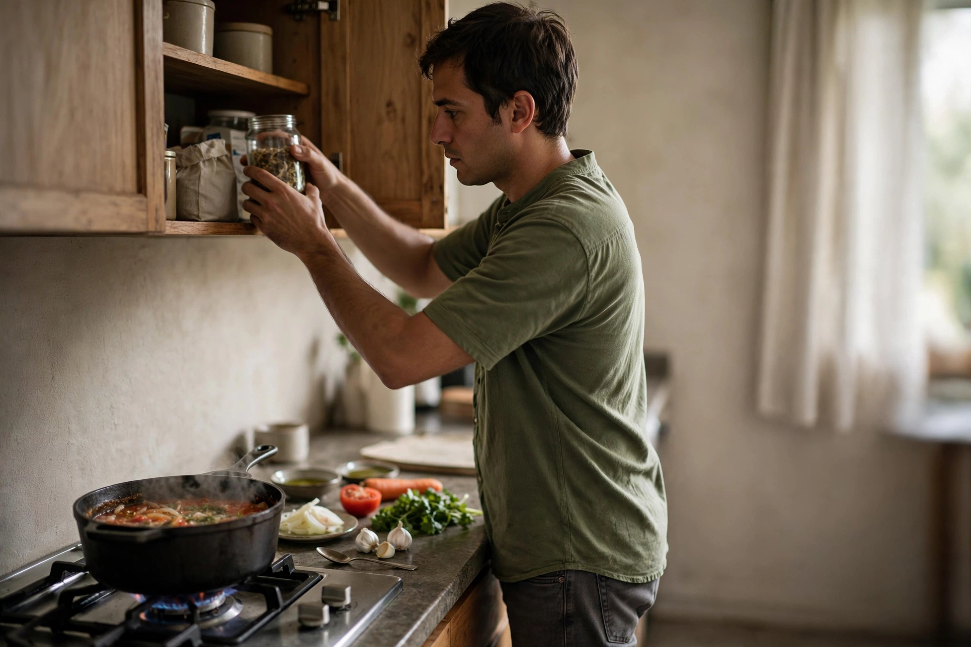Pessoa concentra-se em uma única receita enquanto prepara o jantar na cozinha.