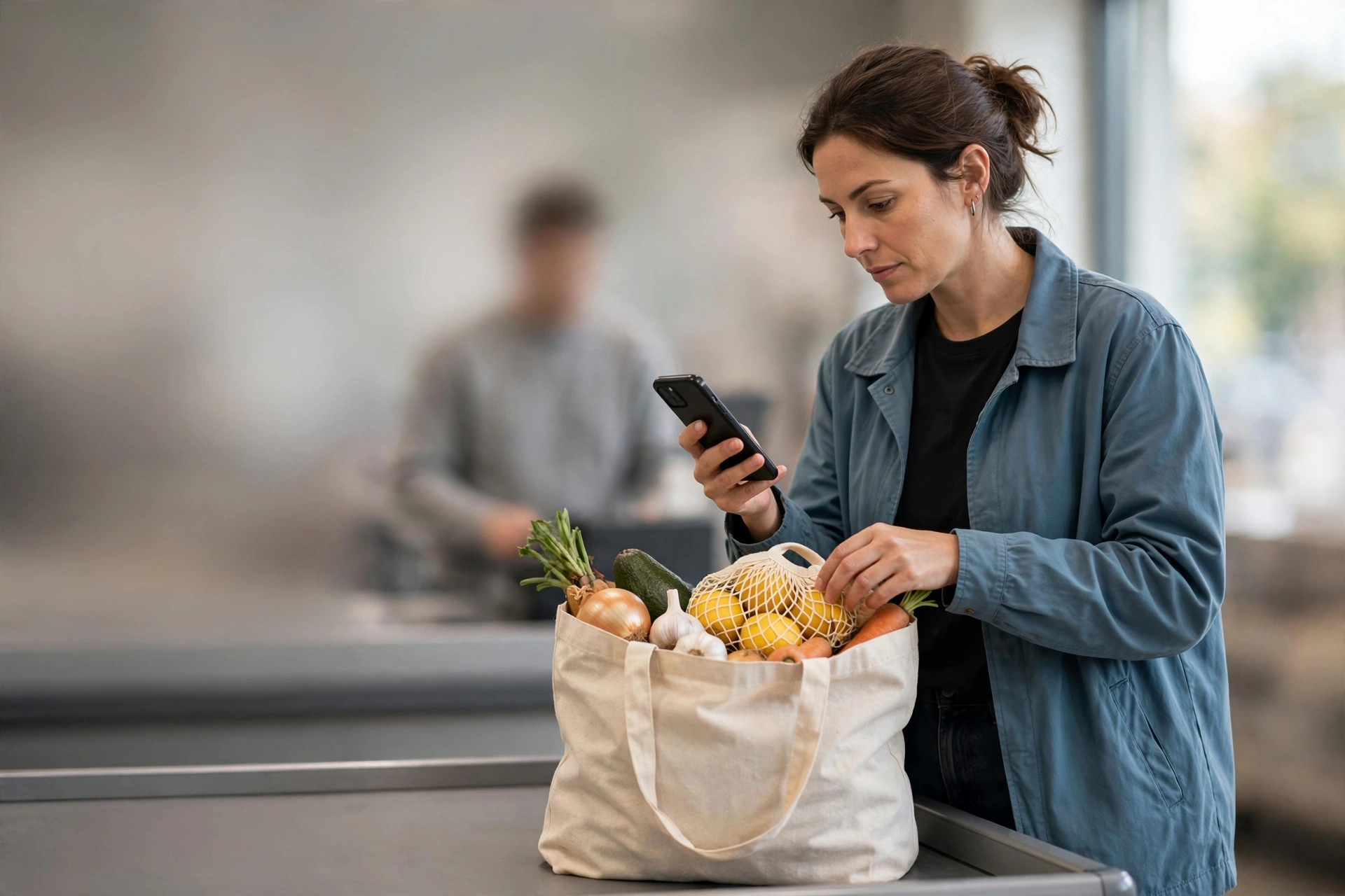 Cliente registra o comprovante de uma compra no celular após passar pelo caixa do supermercado.