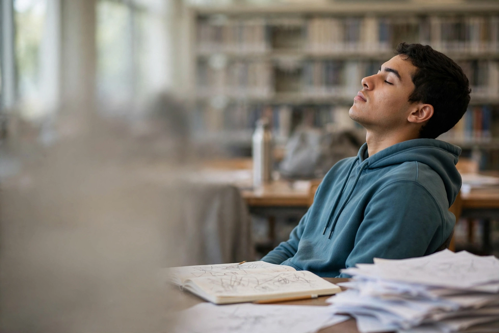 Estudante cansado faz uma pausa diante de materiais de inglês espalhados sobre uma mesa de biblioteca.