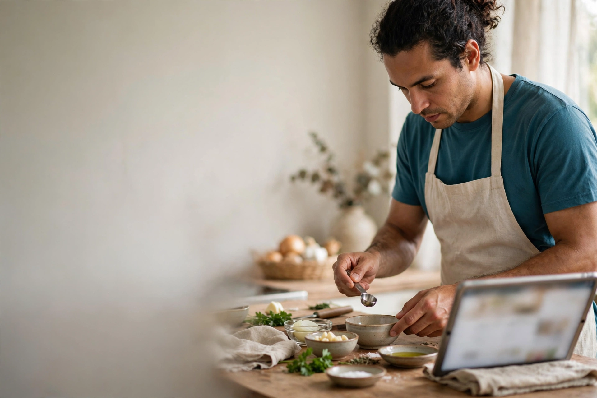 Pessoa consulta uma receita em inglês no tablet enquanto prepara ingredientes na cozinha.