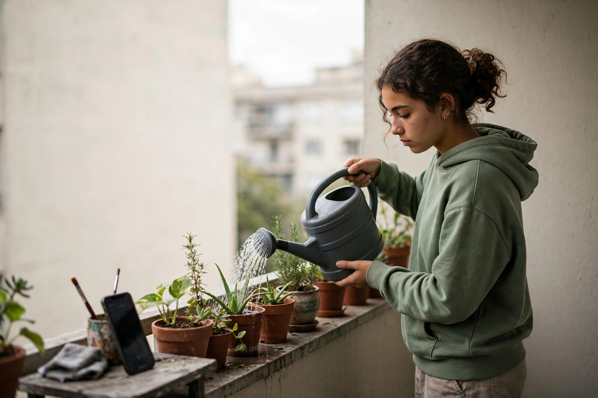 Celular apoiado sobre uma mesa de varanda enquanto uma adolescente rega plantas em vasos.
