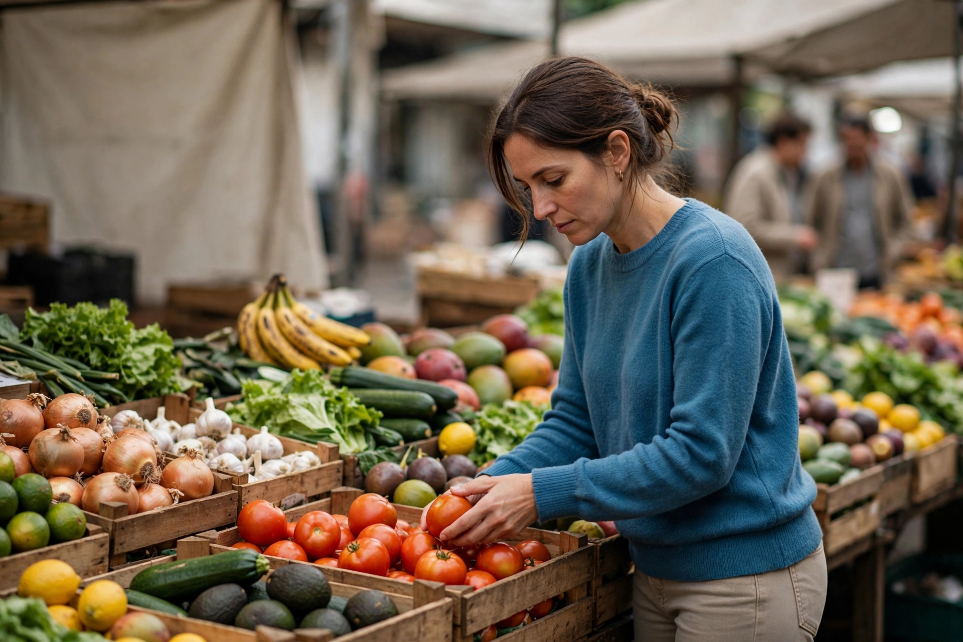 Cliente escolhe tomates em uma banca de feira cercada por caixas de legumes e frutas.