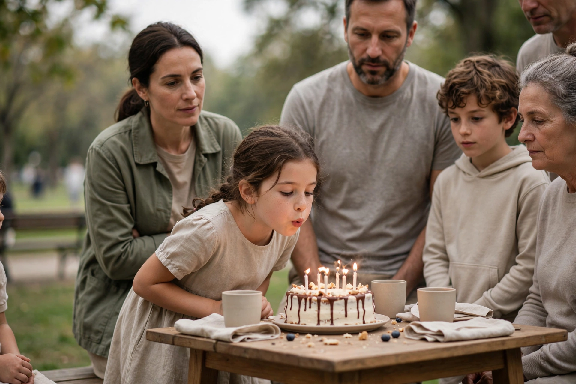 Menina apaga as velas do bolo em uma festa de aniversário ao ar livre com a família.