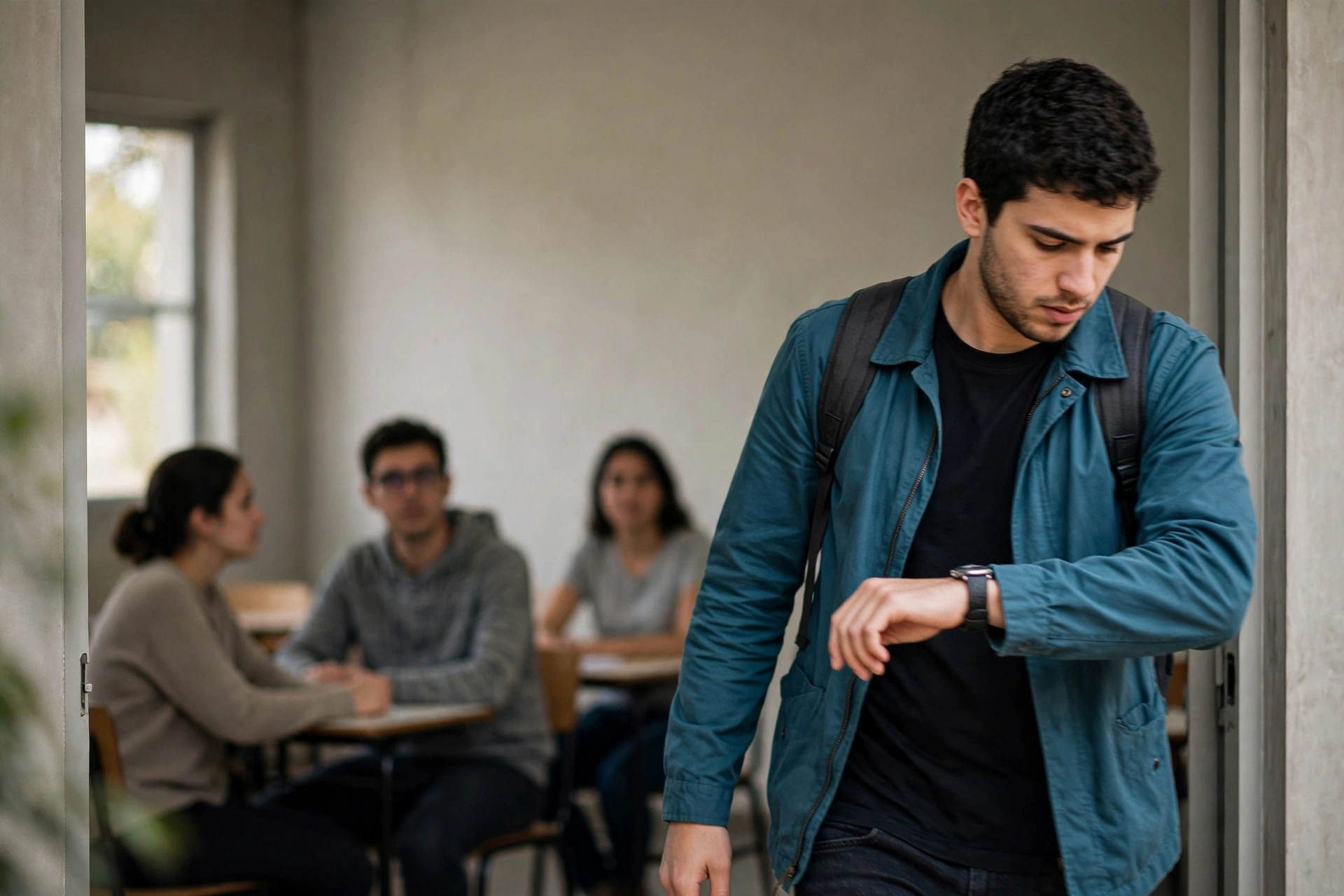 Aluno consulta o relógio ao chegar para uma aula de inglês em uma escola de idiomas.