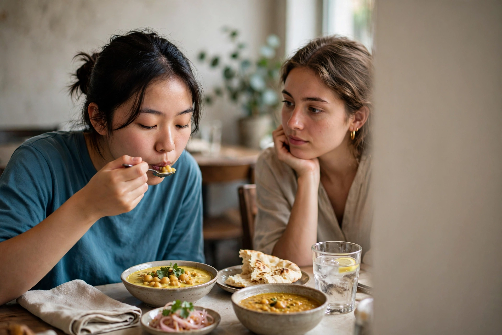 Mulher experimenta comida indiana em um restaurante.