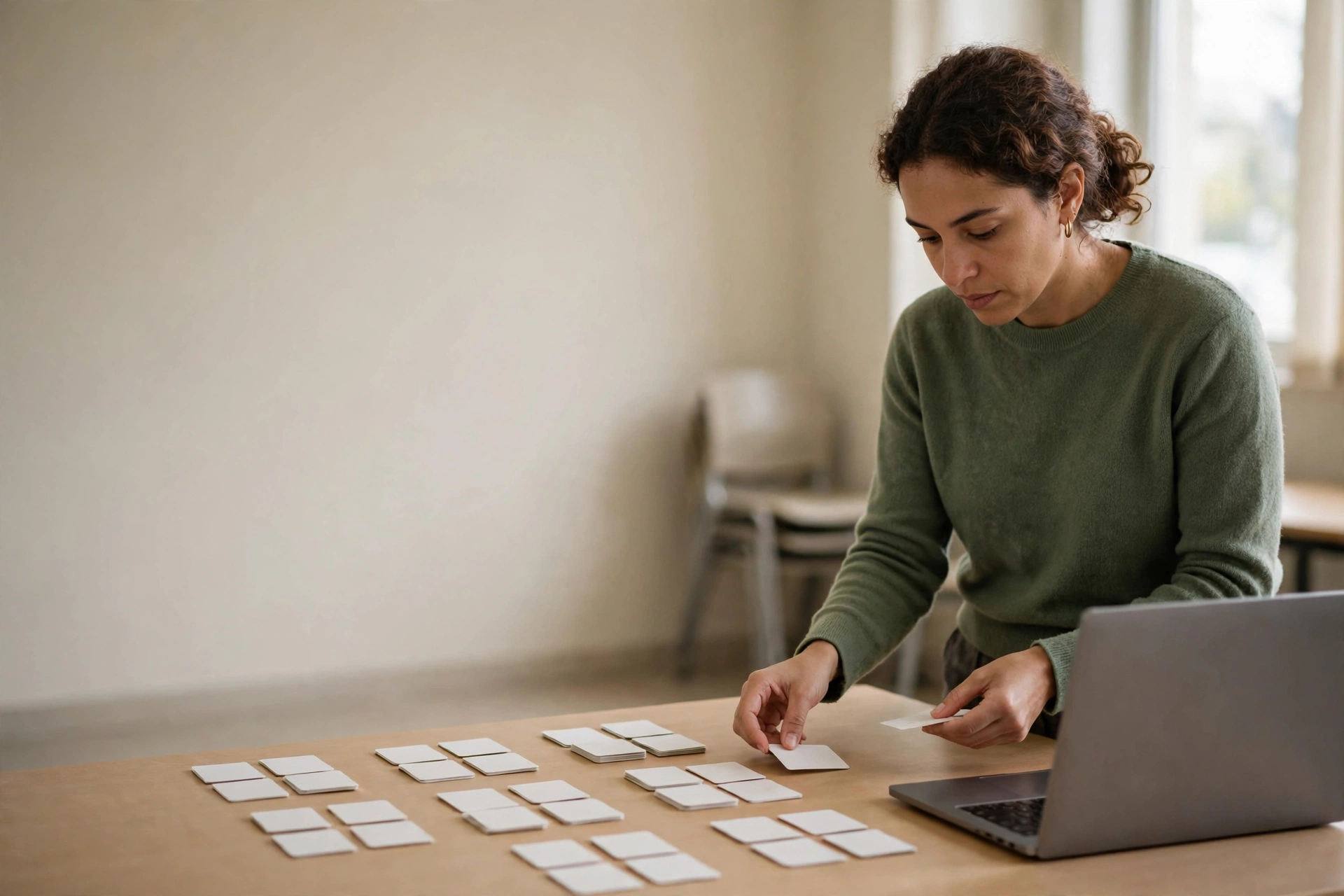 Analista estrutura informações em cartões ao lado do notebook para preparar uma instrução detalhada.