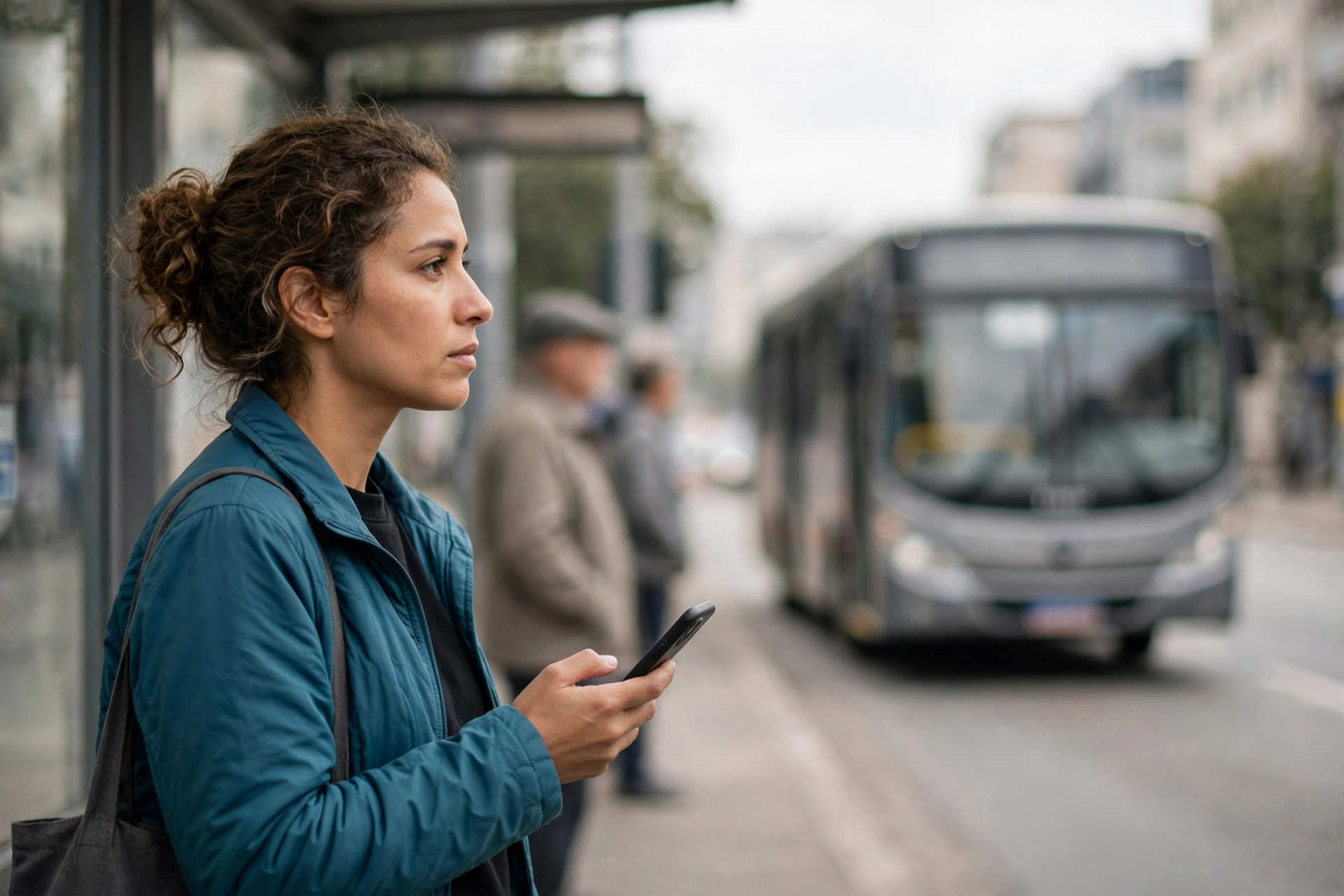 Passageira verifica no celular o trajeto do ônibus antes de embarcar.