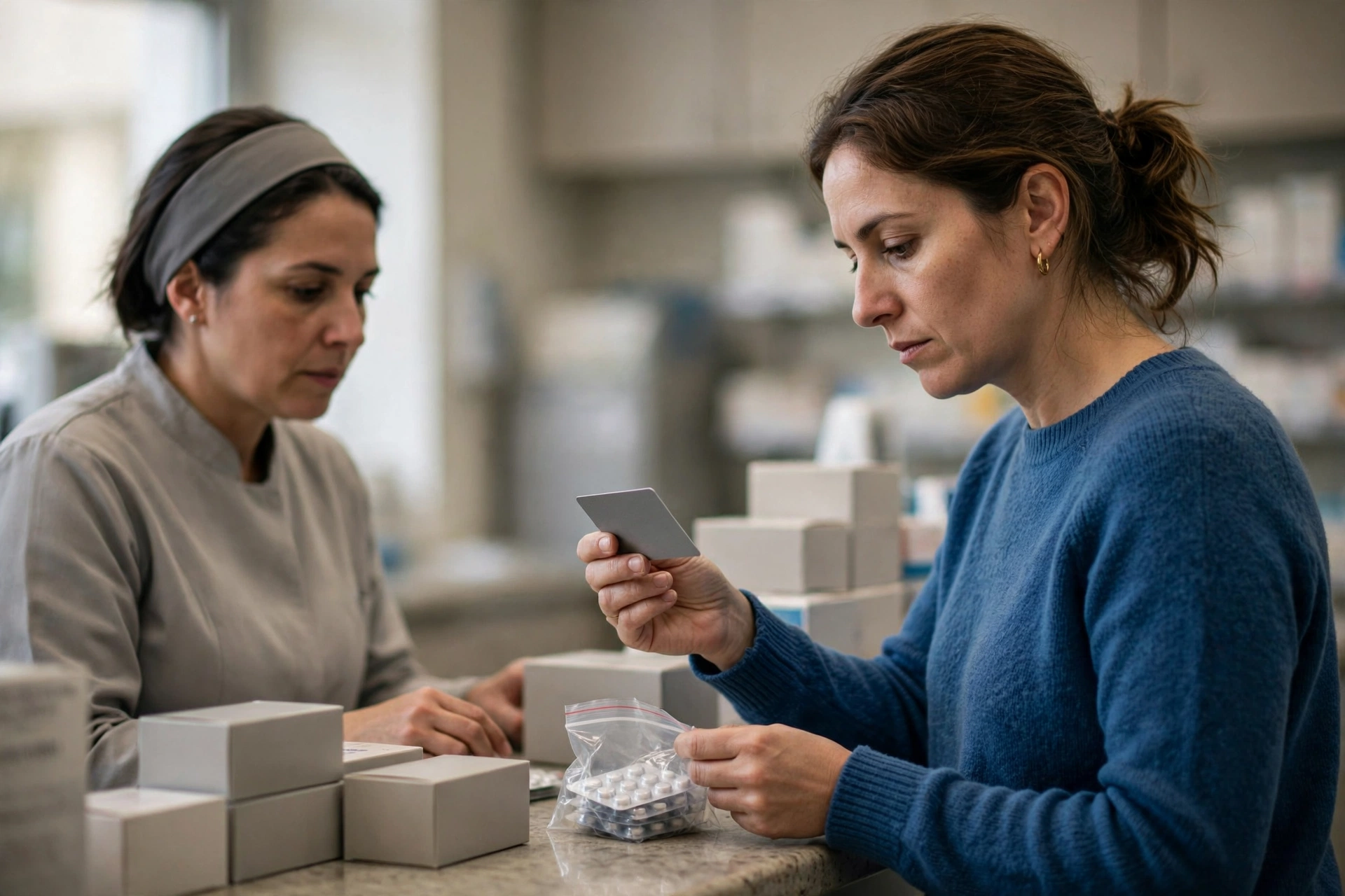 Mulher usa um cartão de descontos ao comprar medicamentos na farmácia de um hospital.