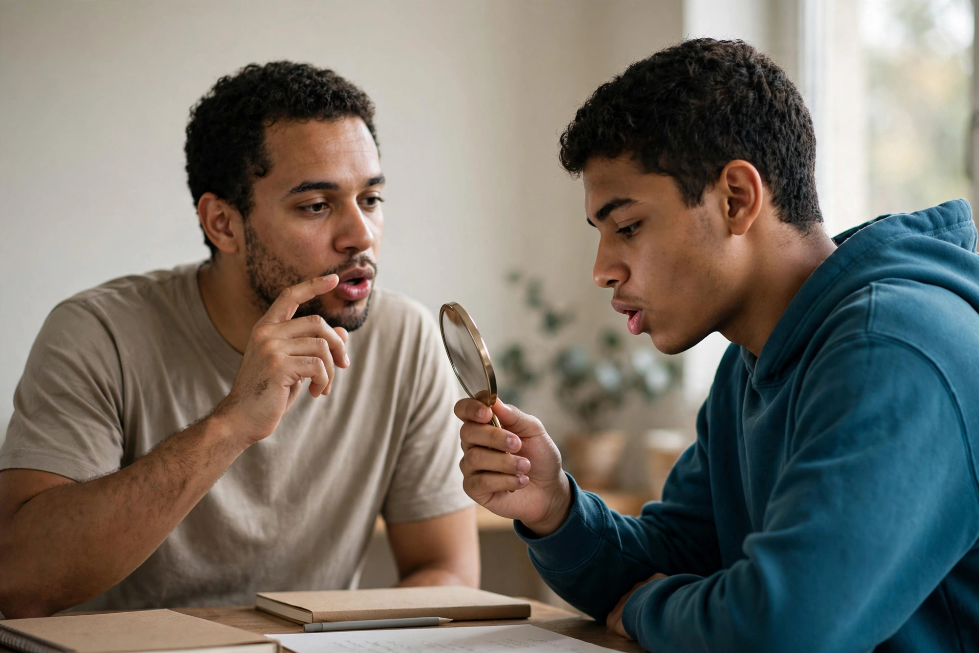 Aluno pratica a articulação de sons em inglês com um professor em uma sala de estudos.