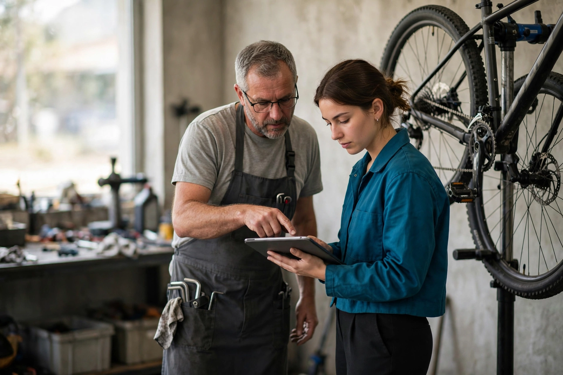 Mecânica pratica o uso de uma ferramenta digital de diagnóstico em uma oficina de bicicletas.