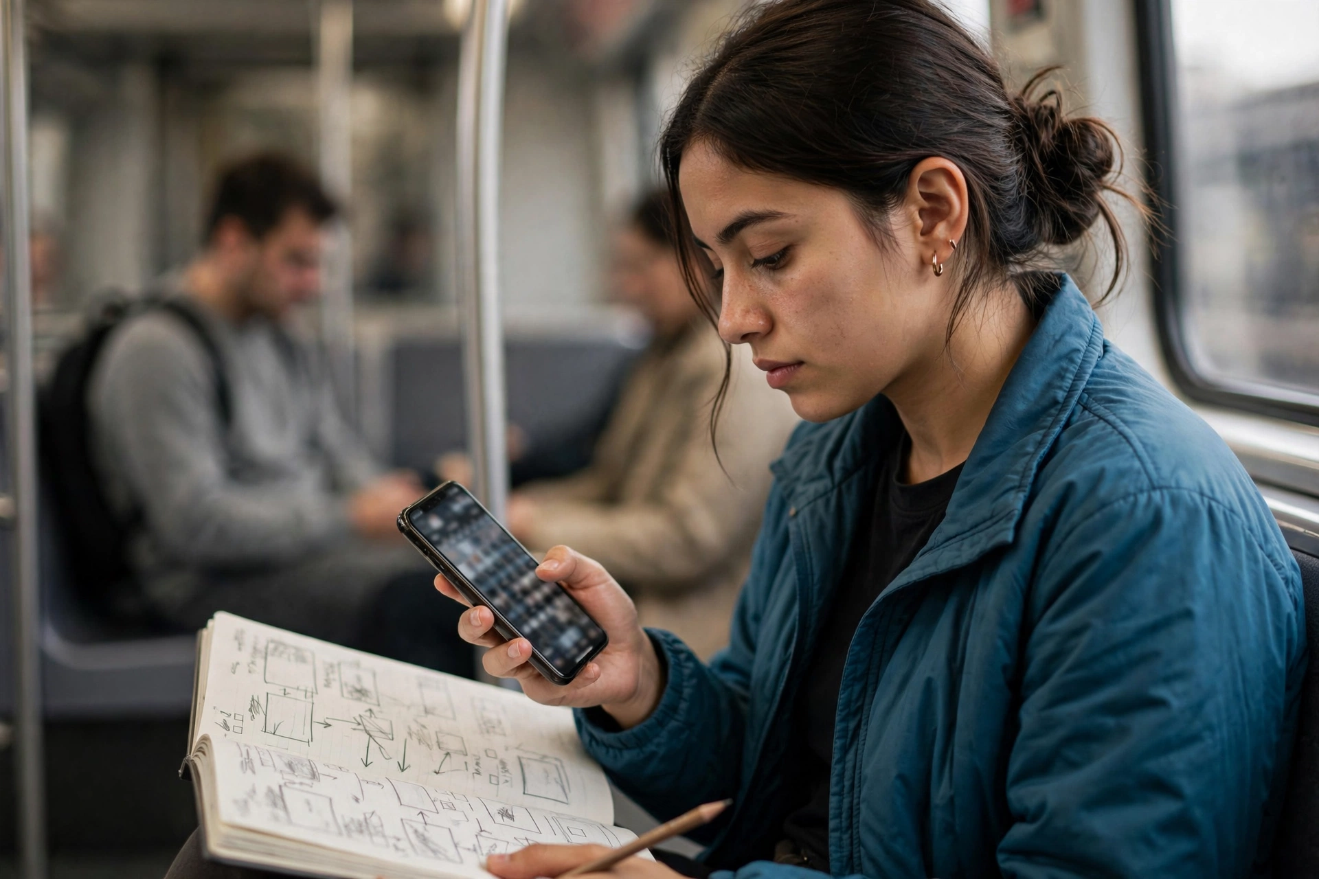 Passageira no metrô organiza na agenda um plano de estudos consultado pelo celular.