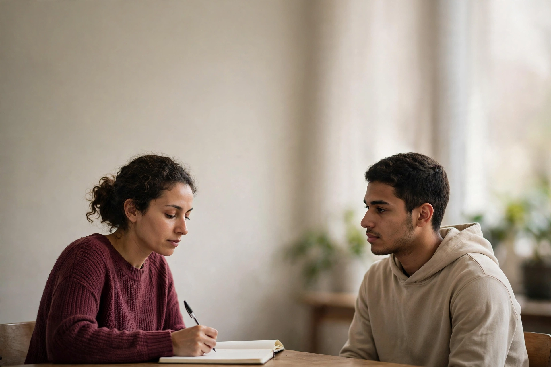 Aluno faz uma avaliação oral de inglês com professora em uma escola de idiomas.