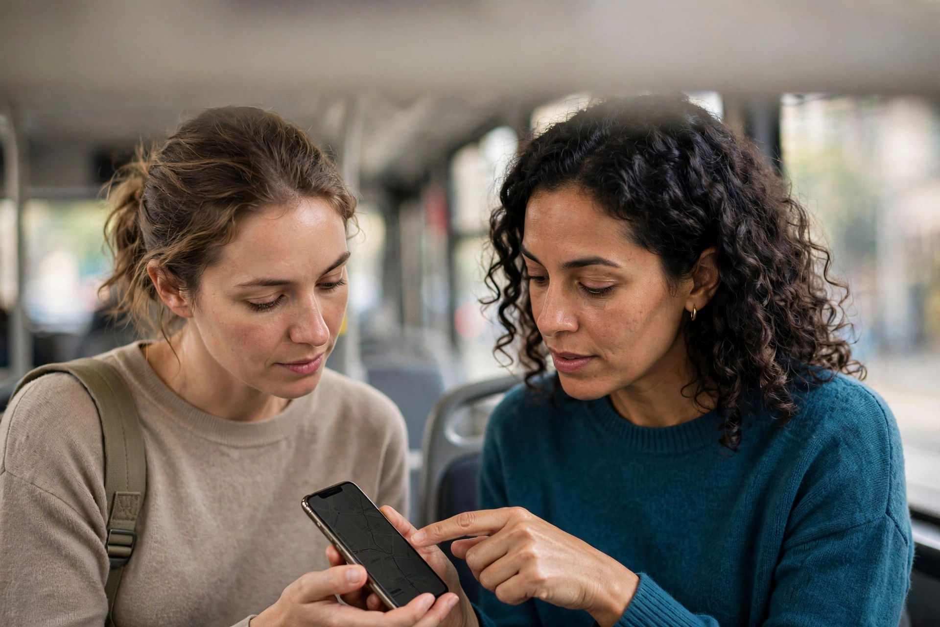 Passageira conversa em inglês com uma turista e mostra uma rota no celular dentro de um ônibus.