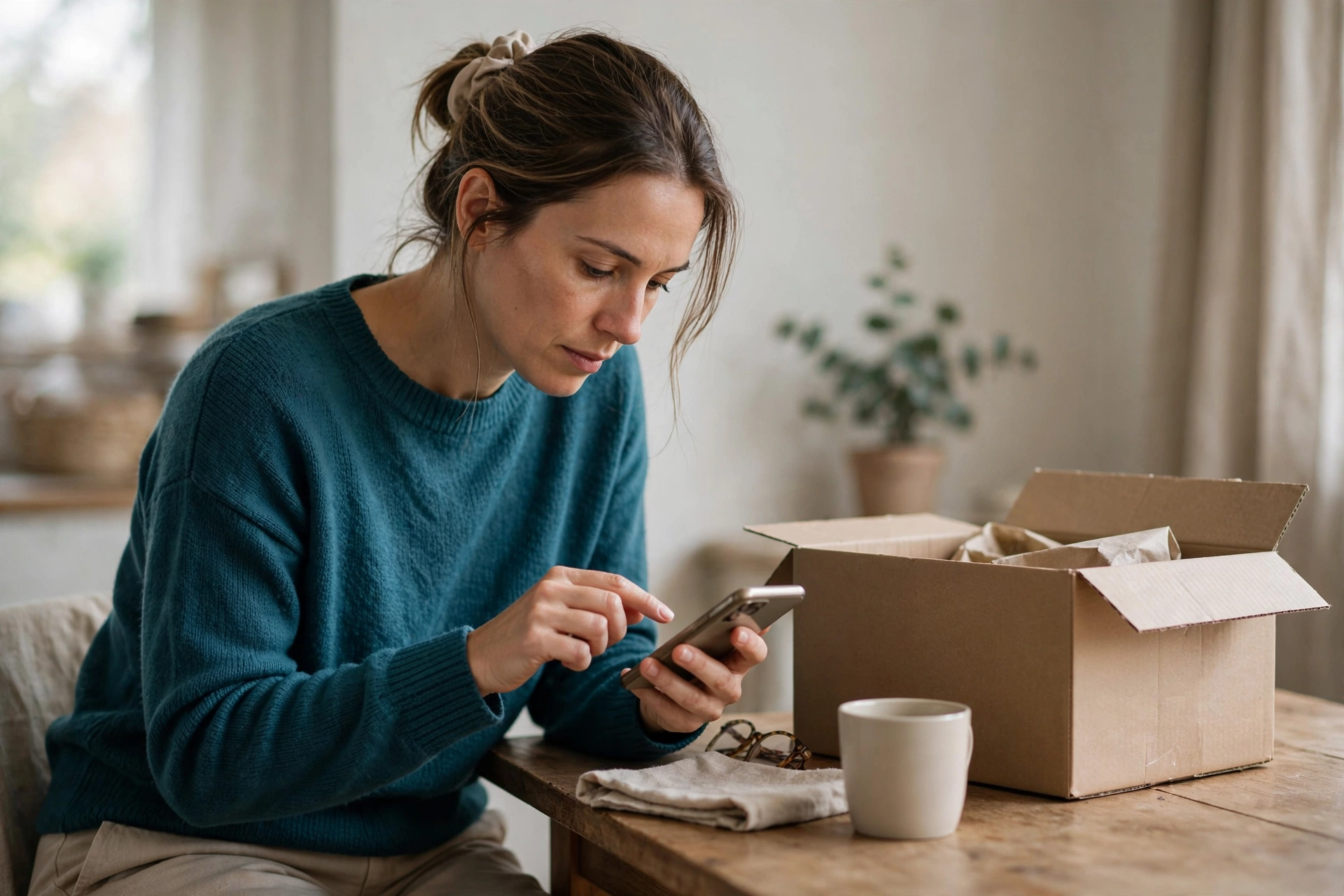 Uma pessoa usa o celular para avaliar e confirmar uma assinatura, ao lado de uma caixa de entrega.