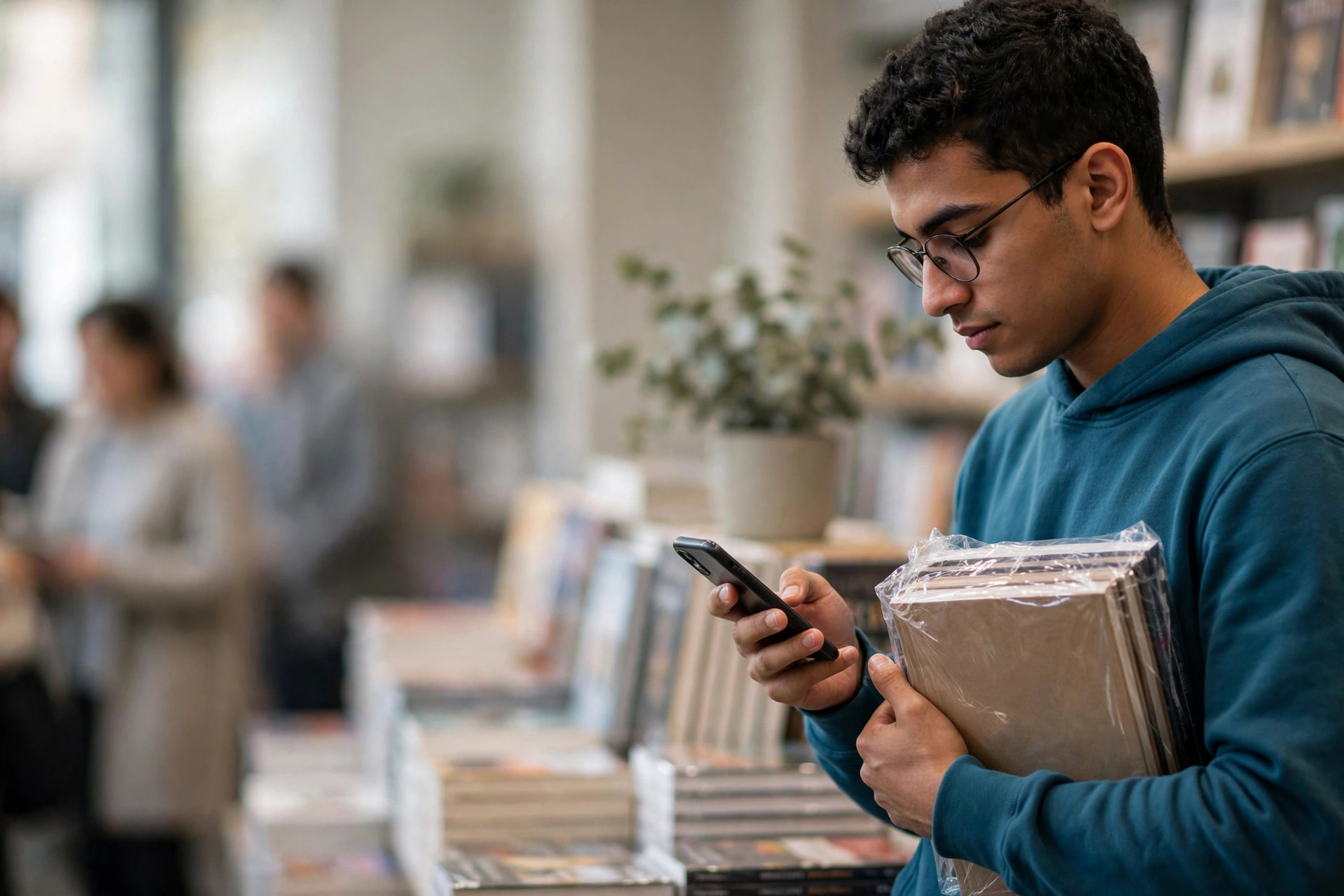 Estudante avalia um kit de material didático e uma plataforma digital em uma livraria.