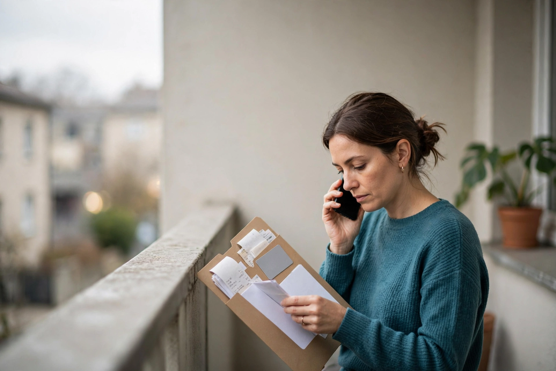 Mulher organiza documentos e fala ao telefone para solicitar análise do acesso ao benefício.