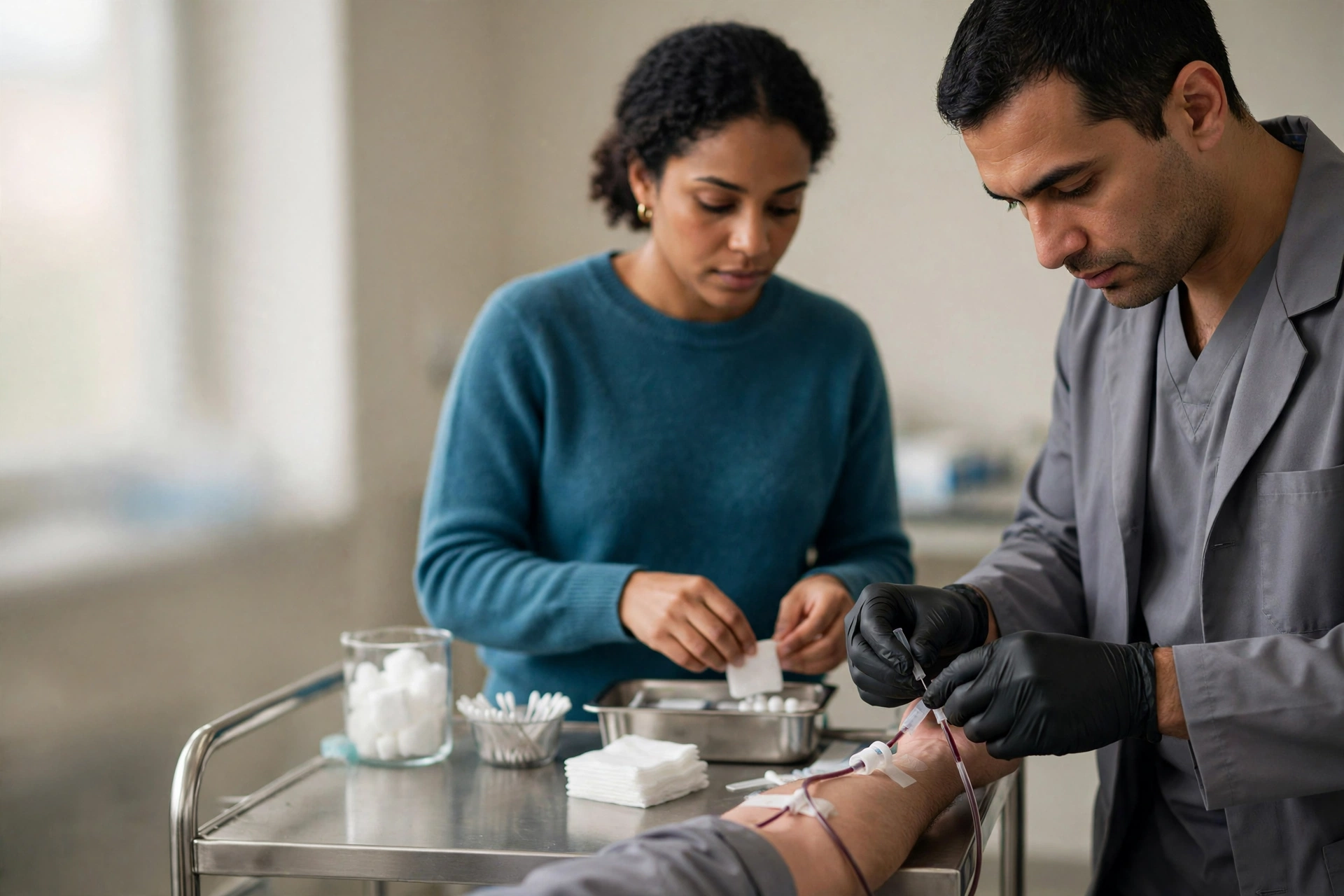 Paciente faz exame de sangue em laboratório com auxílio de uma profissional de saúde.
