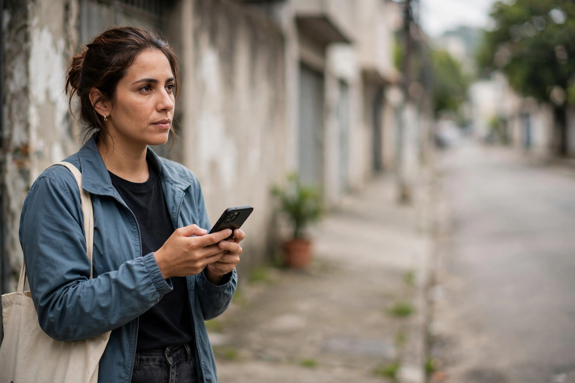 Mulher verifica no celular opções de atendimento médico próximas enquanto está em seu bairro.