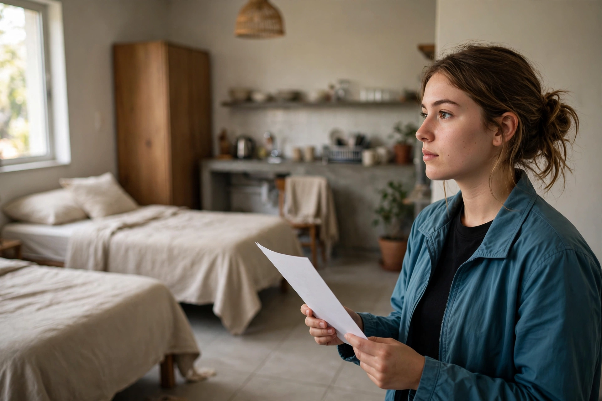 Futura estudante compara os itens da proposta com um quarto de residência estudantil durante uma visita.