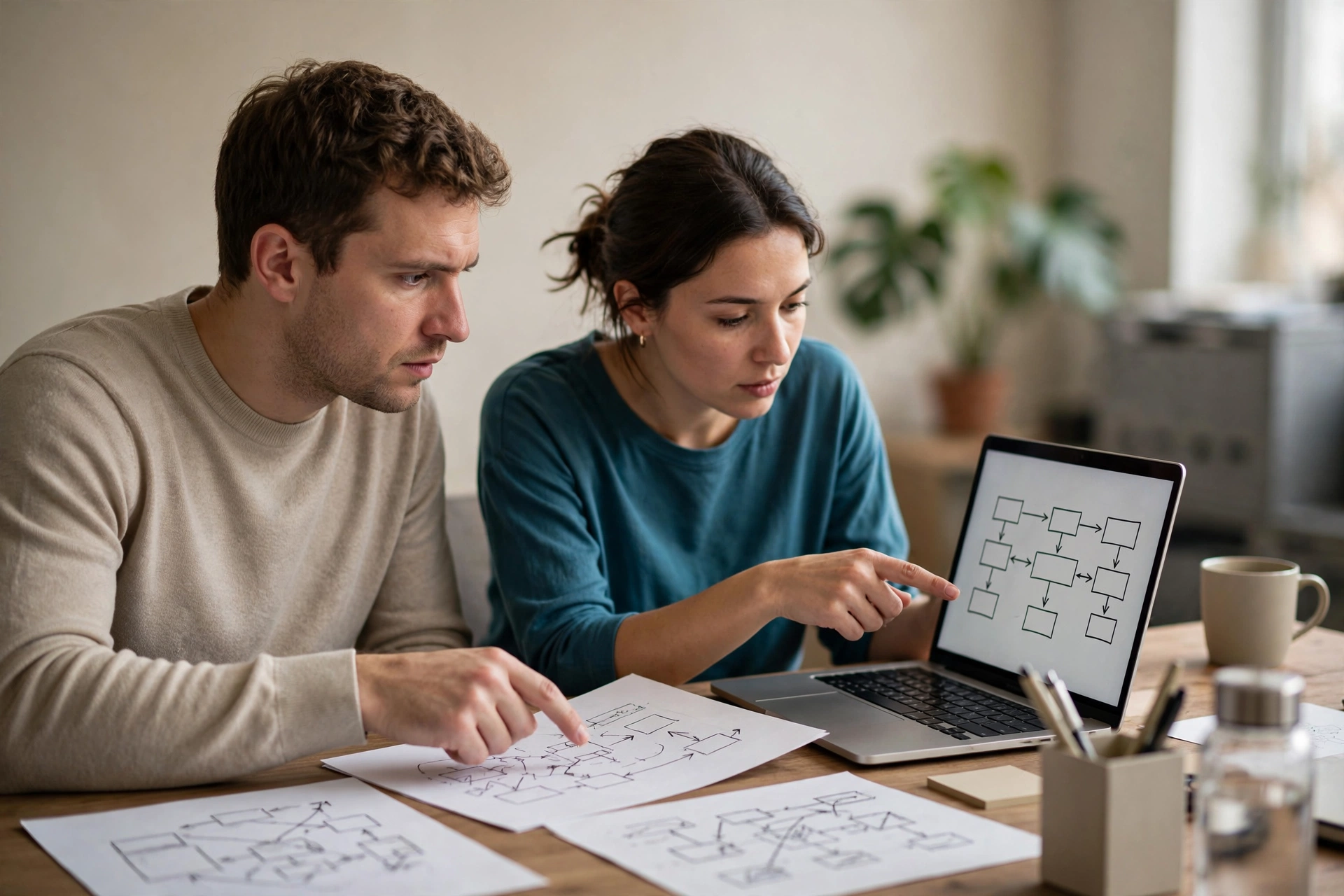 Duas pessoas comparam opções de alocação em computador e documentos sobre a mesa.