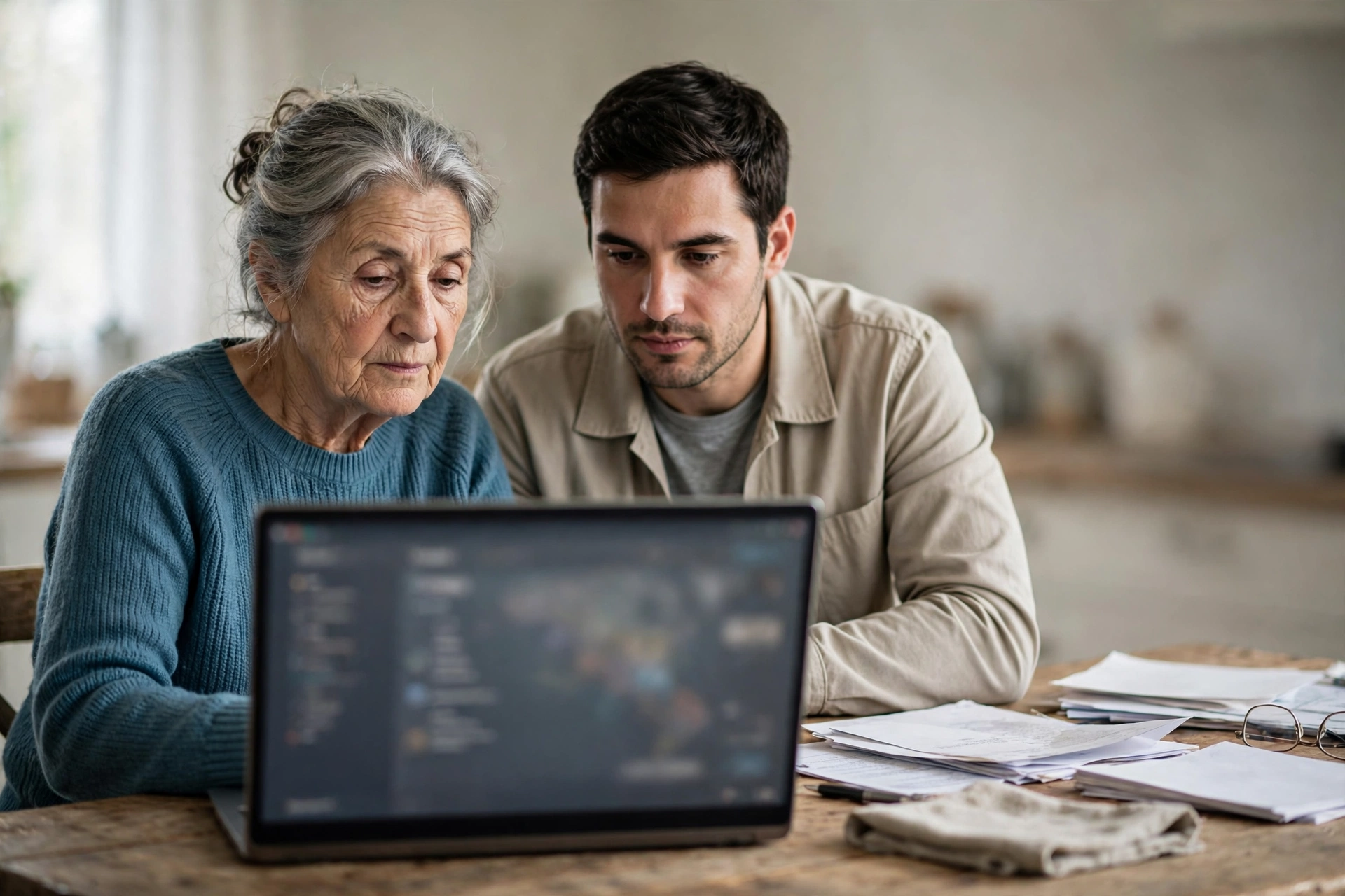 Homem e idosa procuram alternativas de unidades de saúde no notebook.