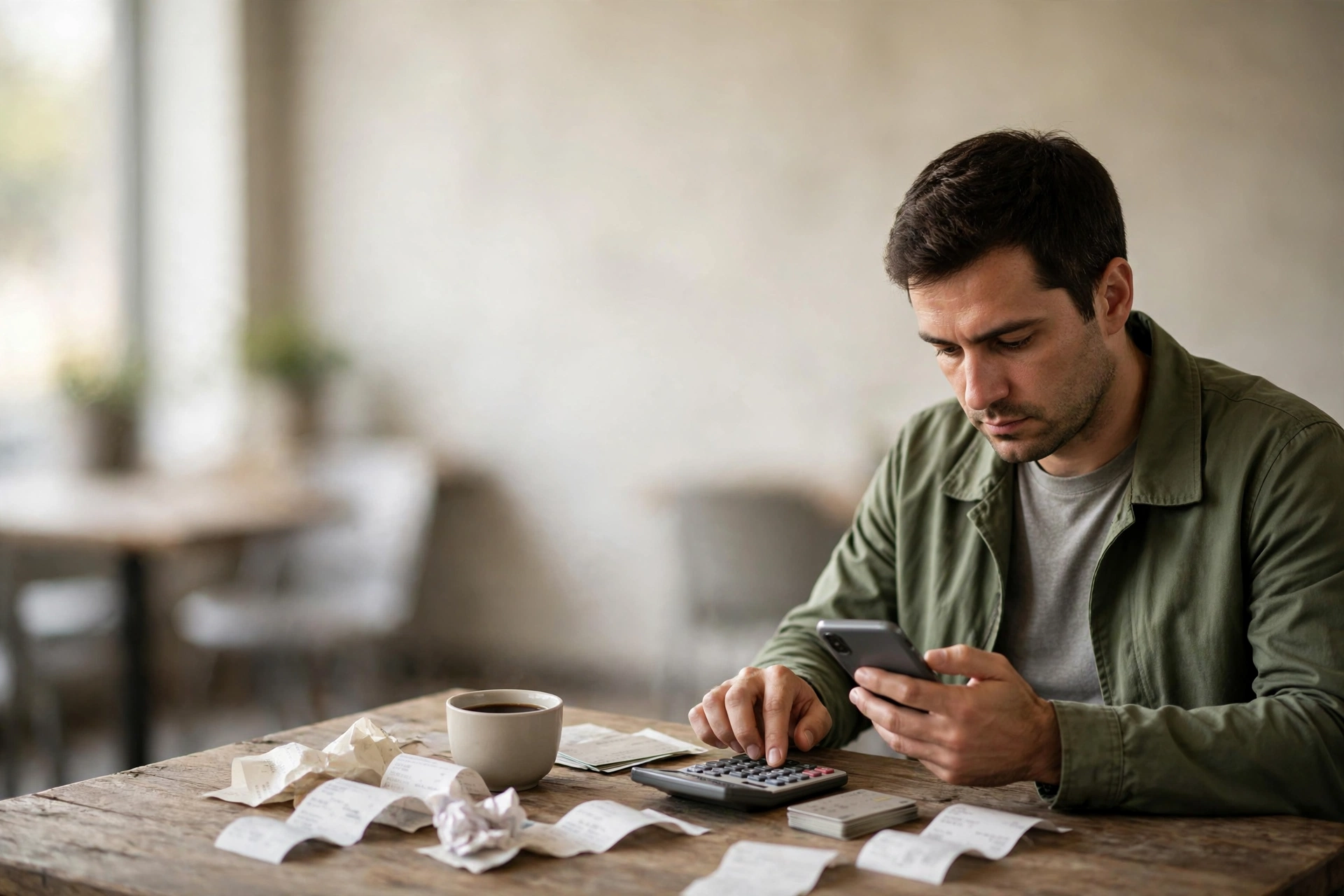 Homem compara custos de atendimento no celular em uma mesa de cafeteria.