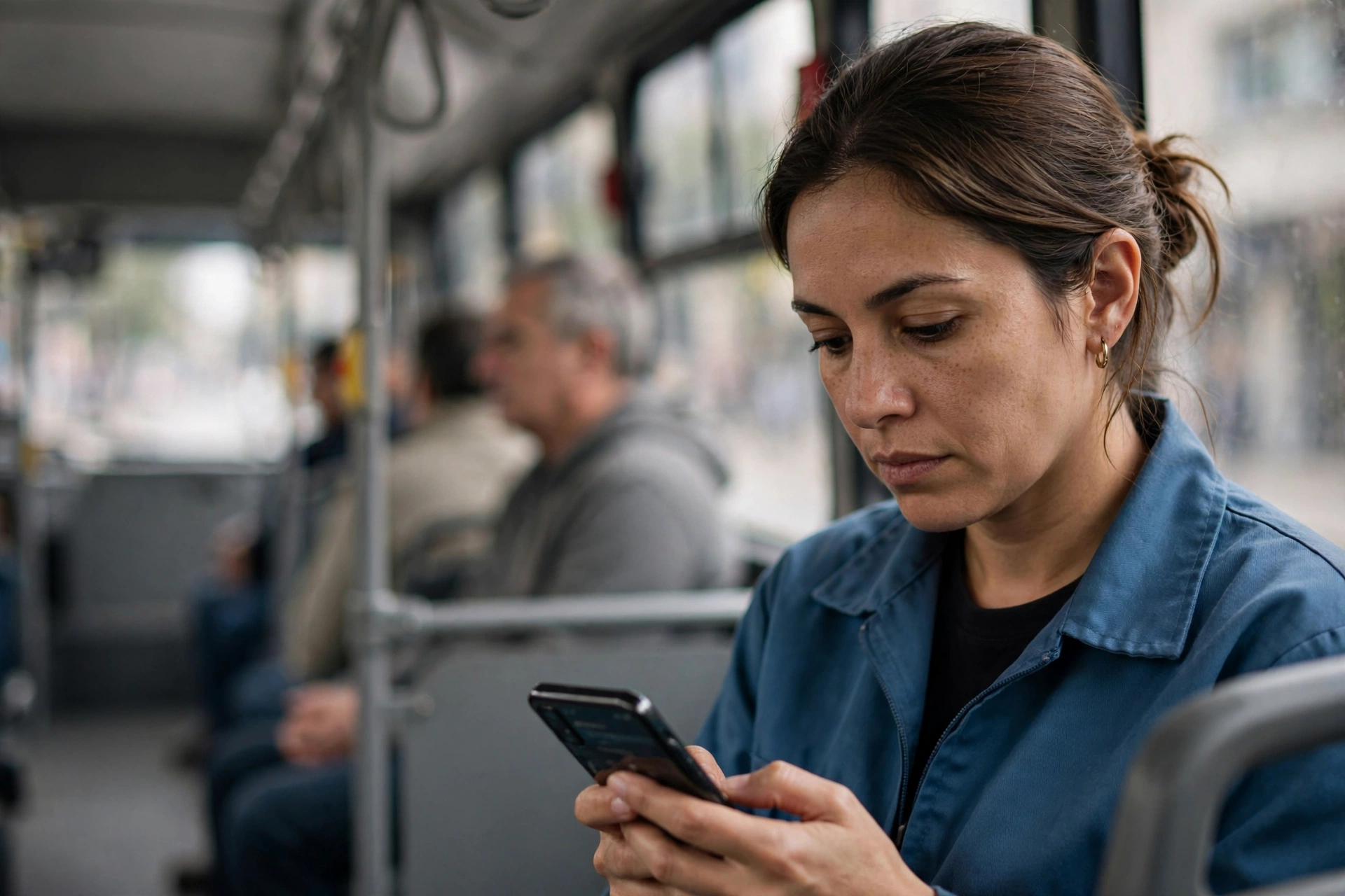 Mulher no ônibus verifica horários de agendamento no celular.